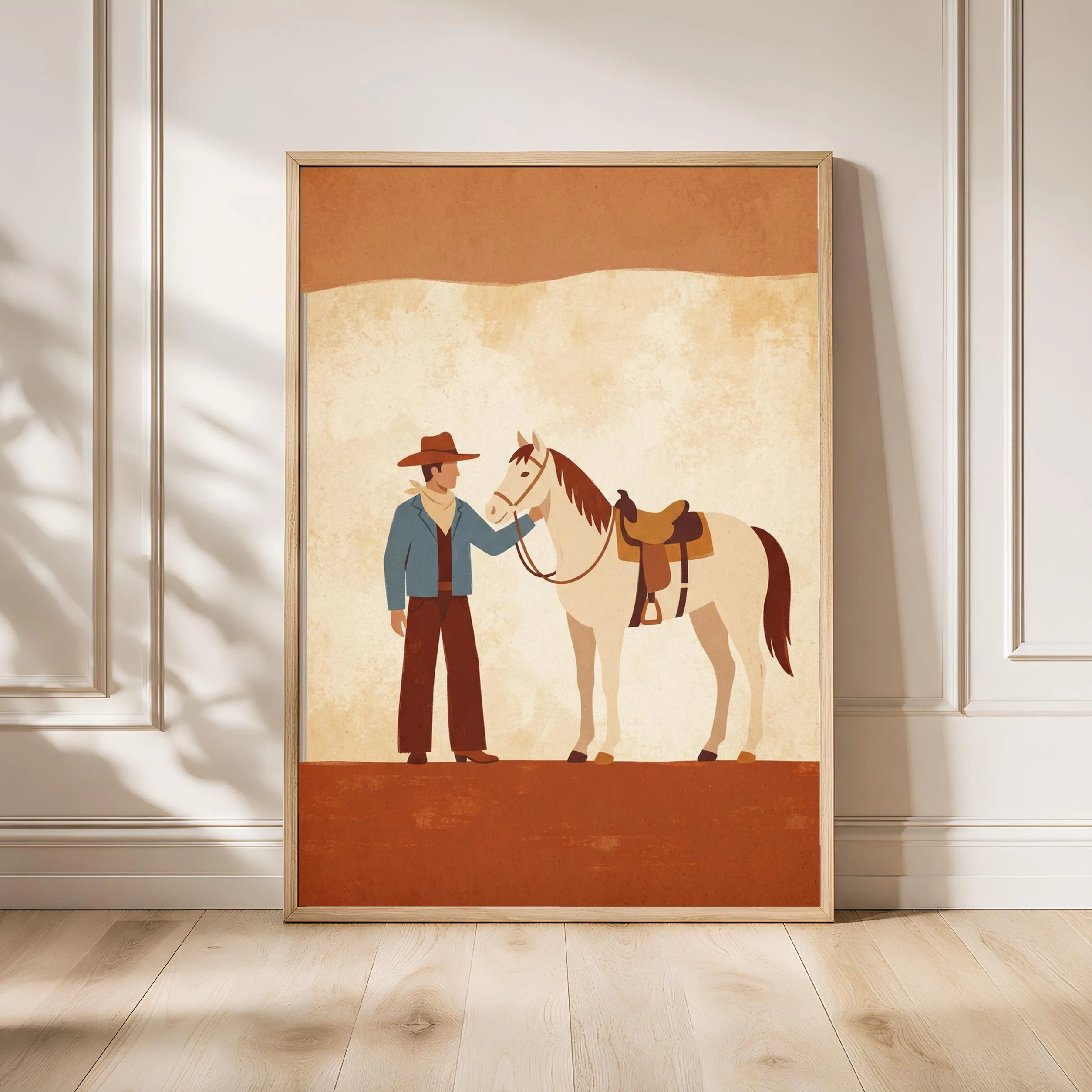 Cowboy and Horse Print, Western Folk Art Poster, Rust Wall Art, Ranch Housewarming Gift – Calm Wall Art by Artsify