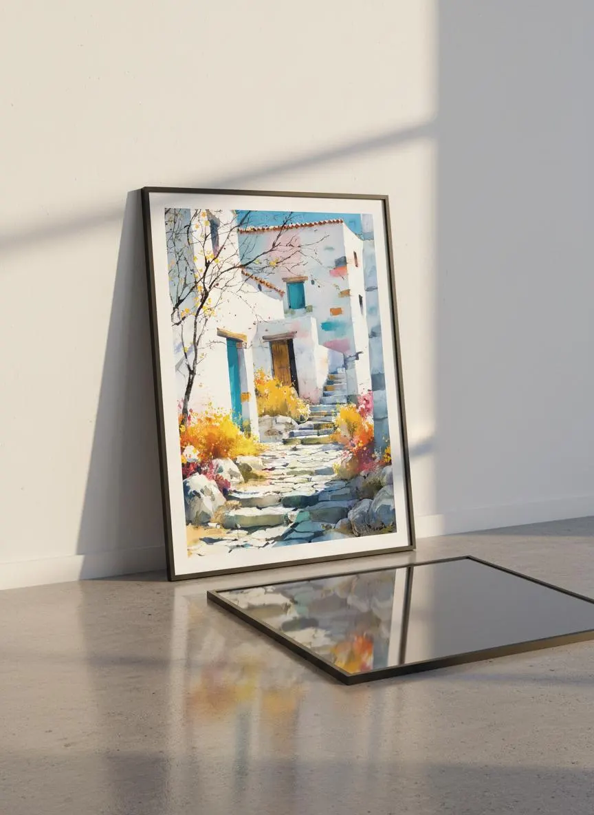 Mediterranean Village Watercolor Art Print, European Cottage Illustration – Calm Wall Art by Artsify thumbnail 4