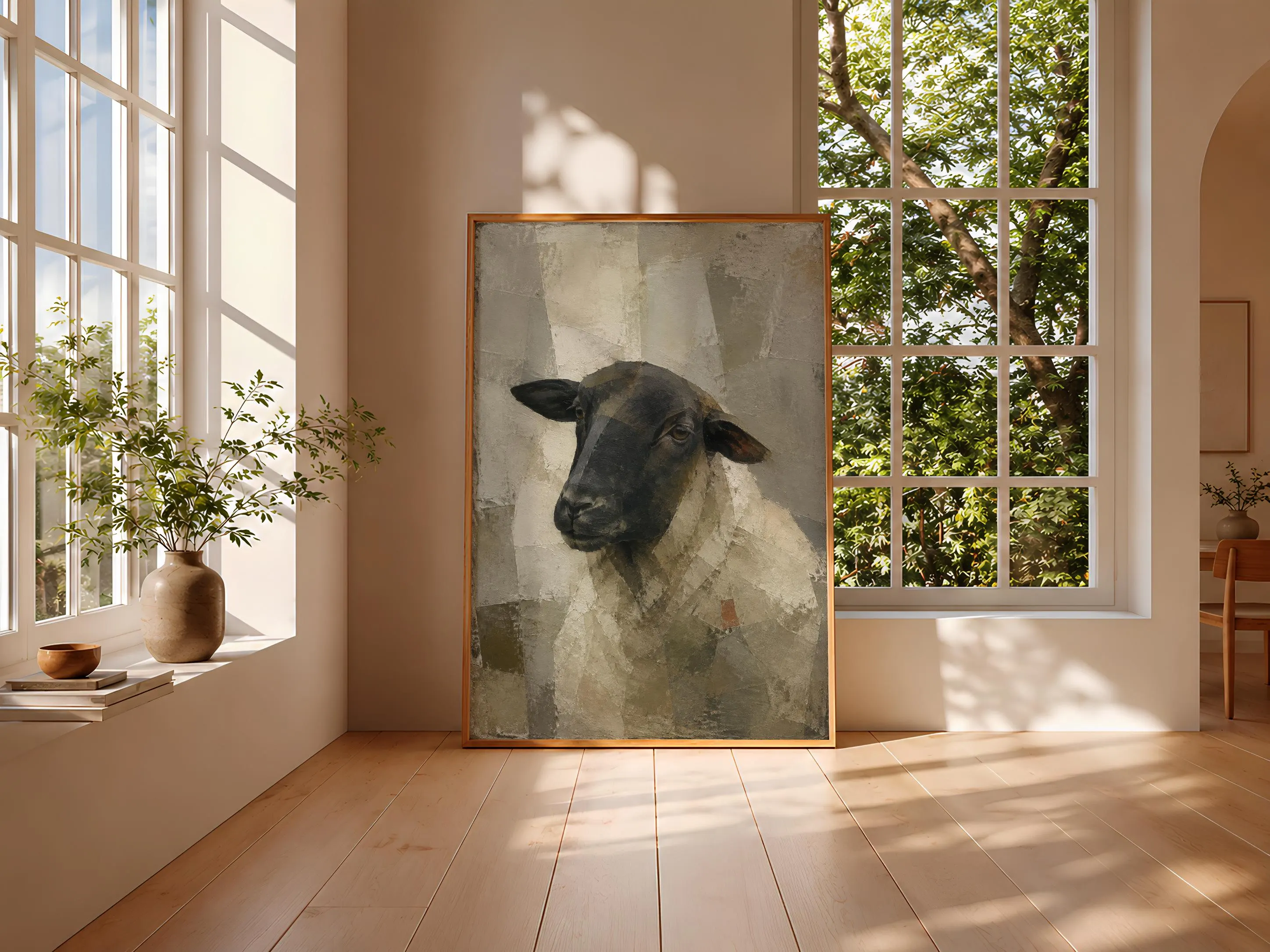 Black-Faced Sheep Wall Art, Geometric Animal Oil Painting – Calm Wall Art by Artsify thumbnail 3
