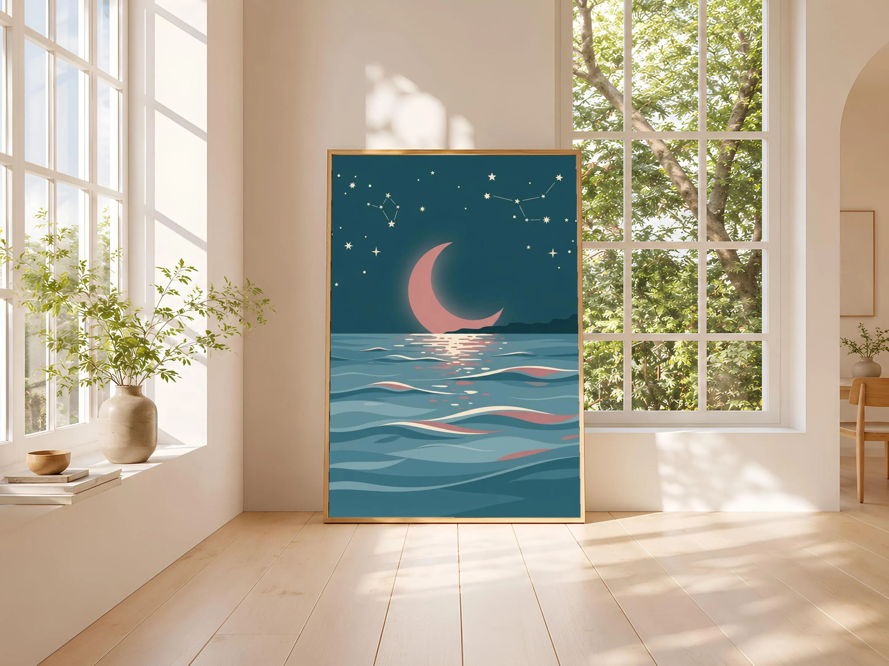 Moonlit Ocean Print, Celestial Coastal Wall Art, Teal Rose Poster, Bathroom Decor, Housewarming Gift – Calm Wall Art by Artsify thumbnail 3