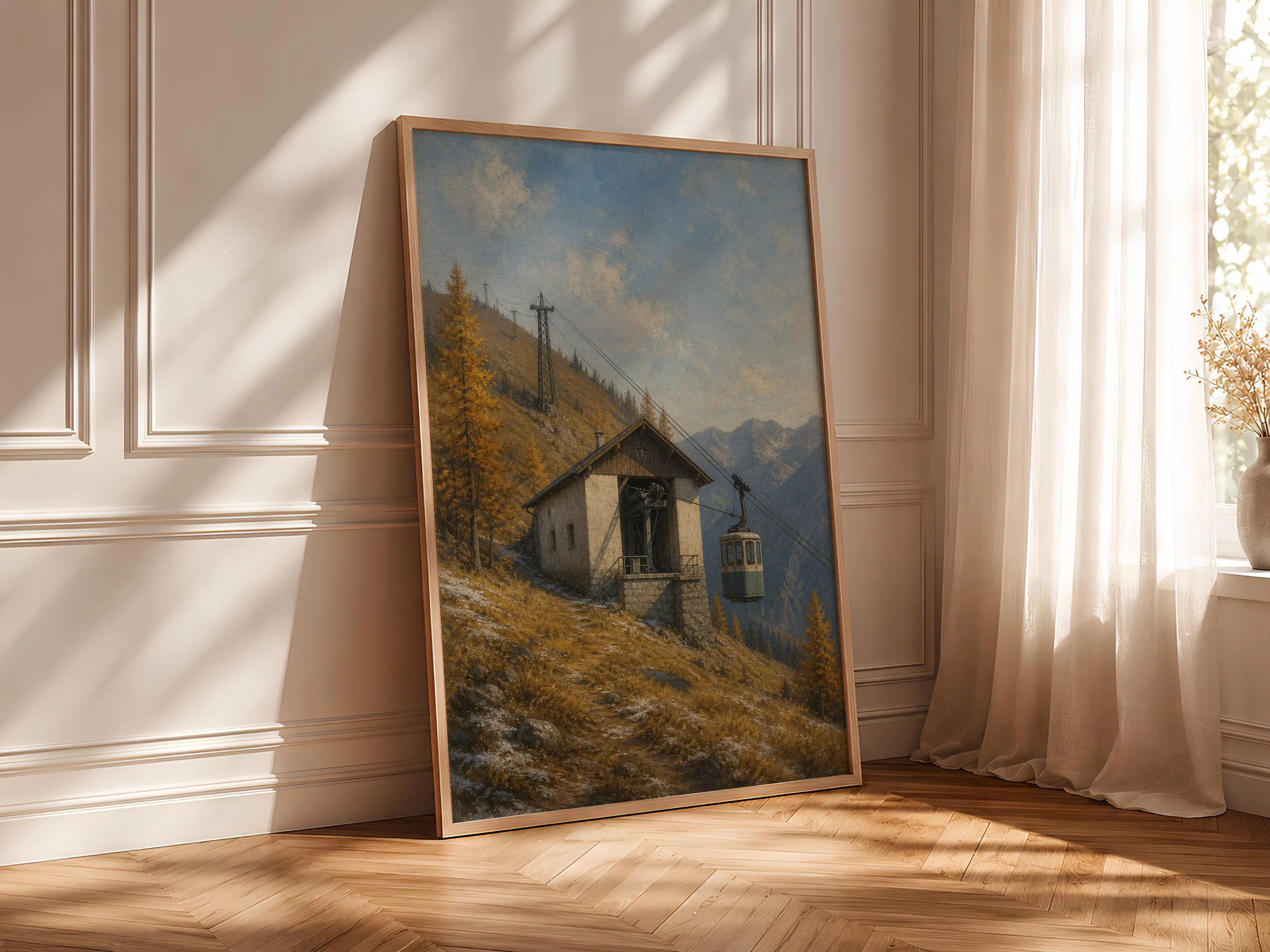 Alpine Cable Car Wall Art, Realist Oil Painting Autumn Mountain, Golden Amber Decor Print – Calm Wall Art by Artsify thumbnail 4