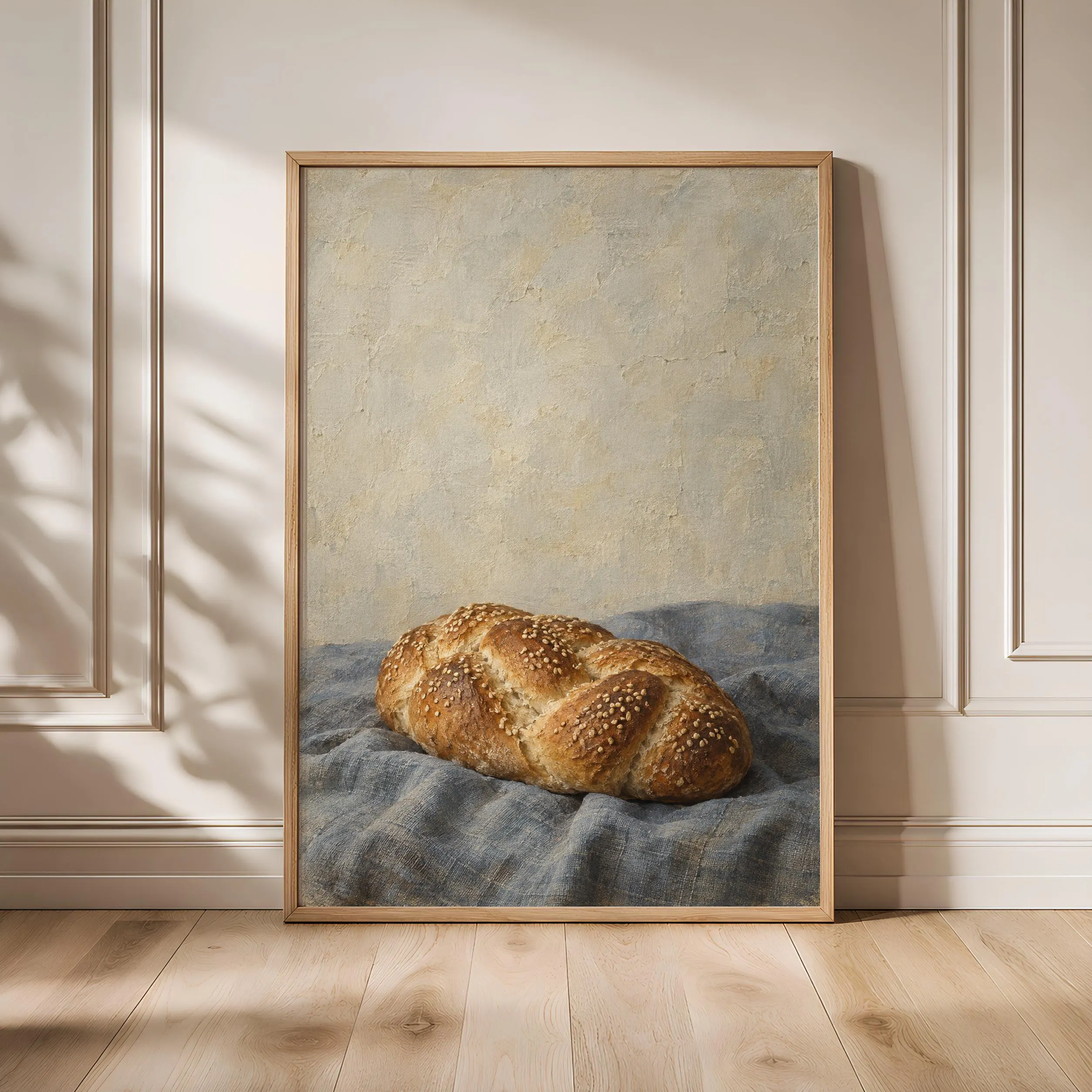 Braided Bread Wall Art, Neutral Vintage Oil Painting, Blue Grey Kitchen Decor – Calm Wall Art by Artsify