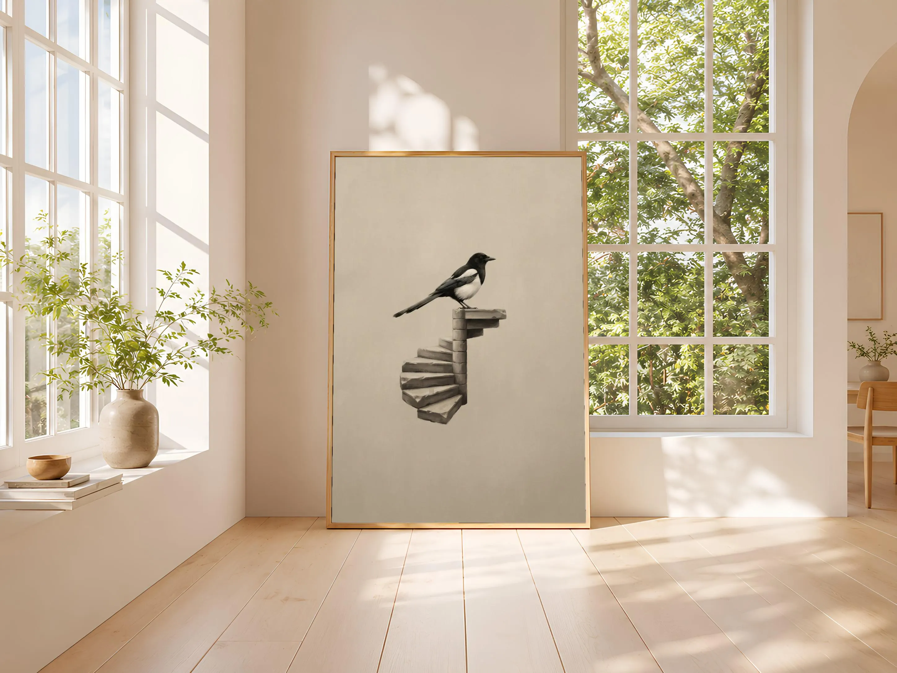 Surreal Magpie Wall Art Print, Floating Staircase Poster, Black Beige Bird Decor, Minimalist Surreal Art, Housewarming Gift – Calm Wall Art by Artsify thumbnail 3