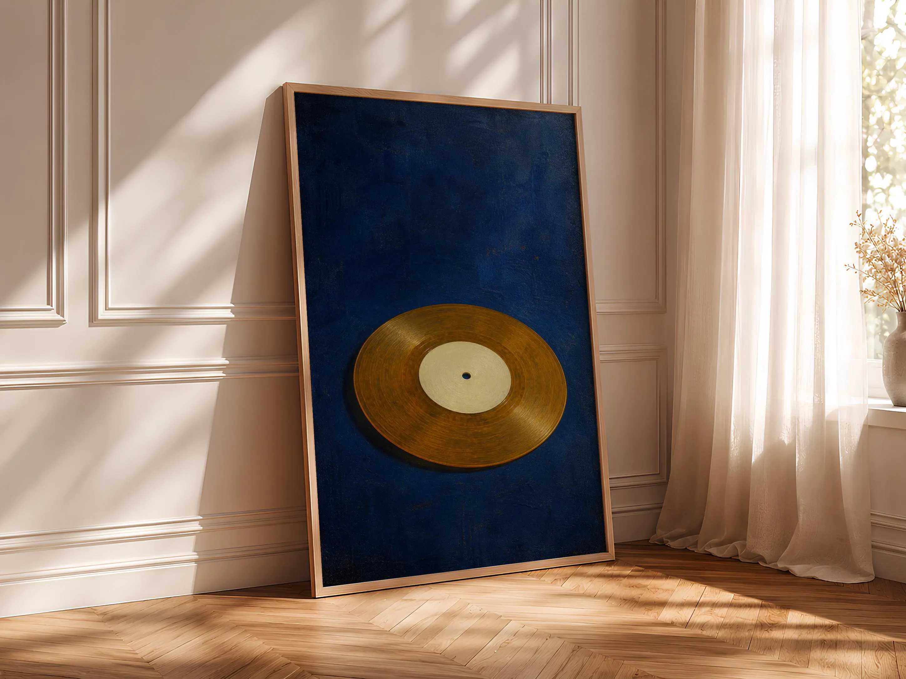 Vinyl 45 Record Print, Prussian Blue Minimalist Music Art, Retro Gold Disc Poster, Housewarming Gift – Calm Wall Art by Artsify thumbnail 4
