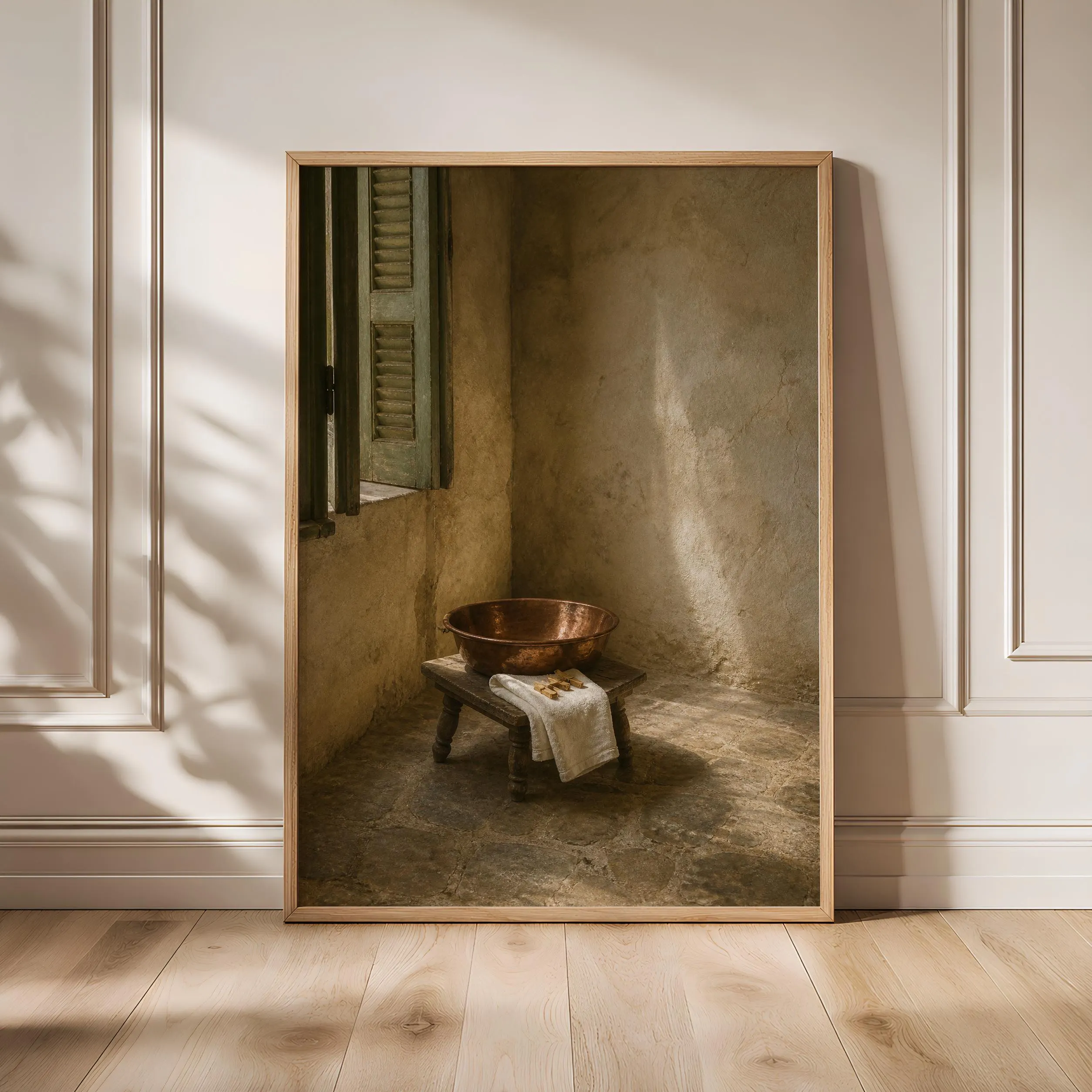 Copper Wash Basin Wall Art, Rustic Laundry Room Oil Painting, Old World Still Life – Calm Wall Art by Artsify