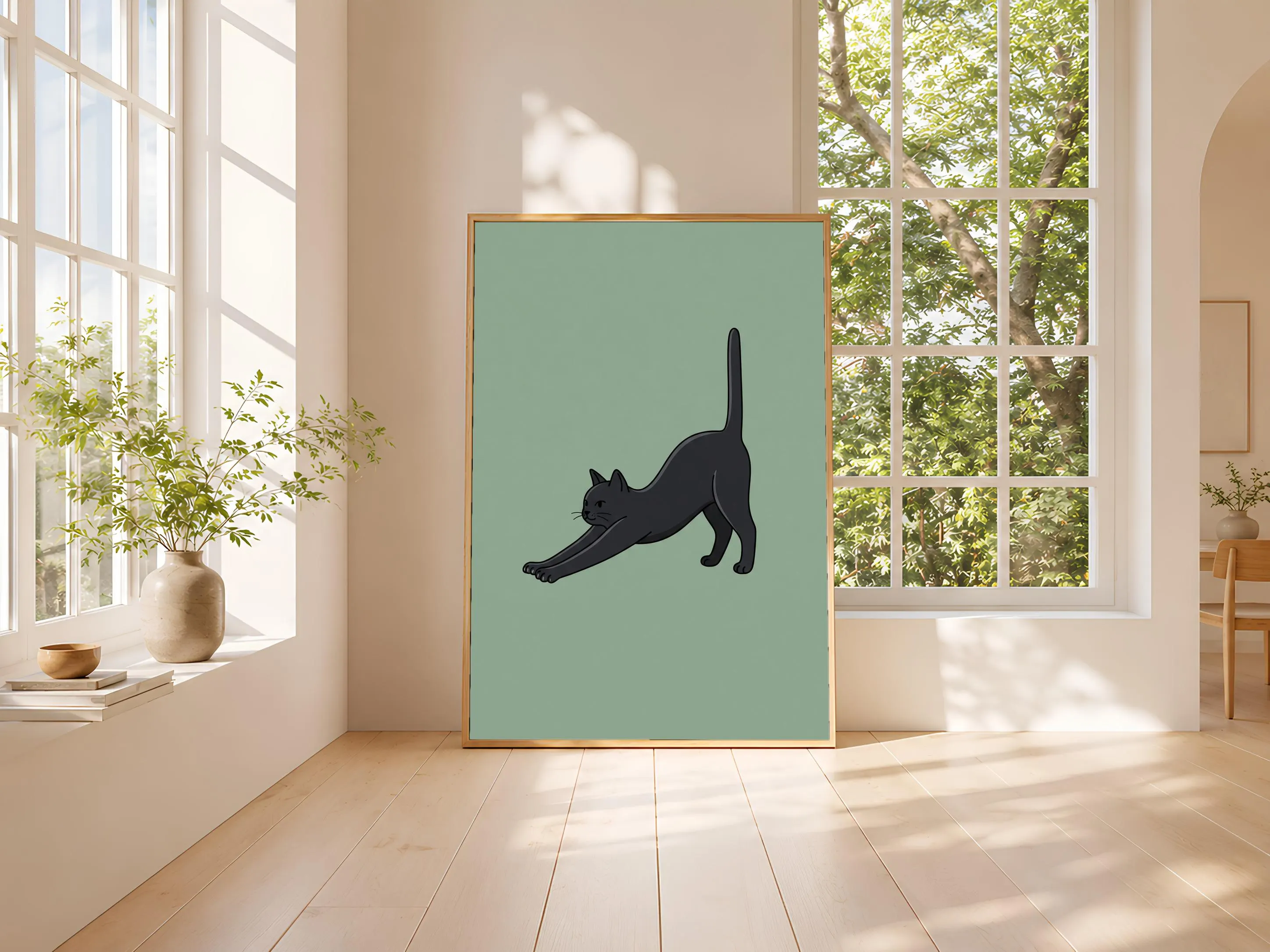 Minimalist Cat Print, Stretching Black Cat Wall Art, Sage Green Poster, Cat Lover Gift, Housewarming Gift – Calm Wall Art by Artsify thumbnail 3