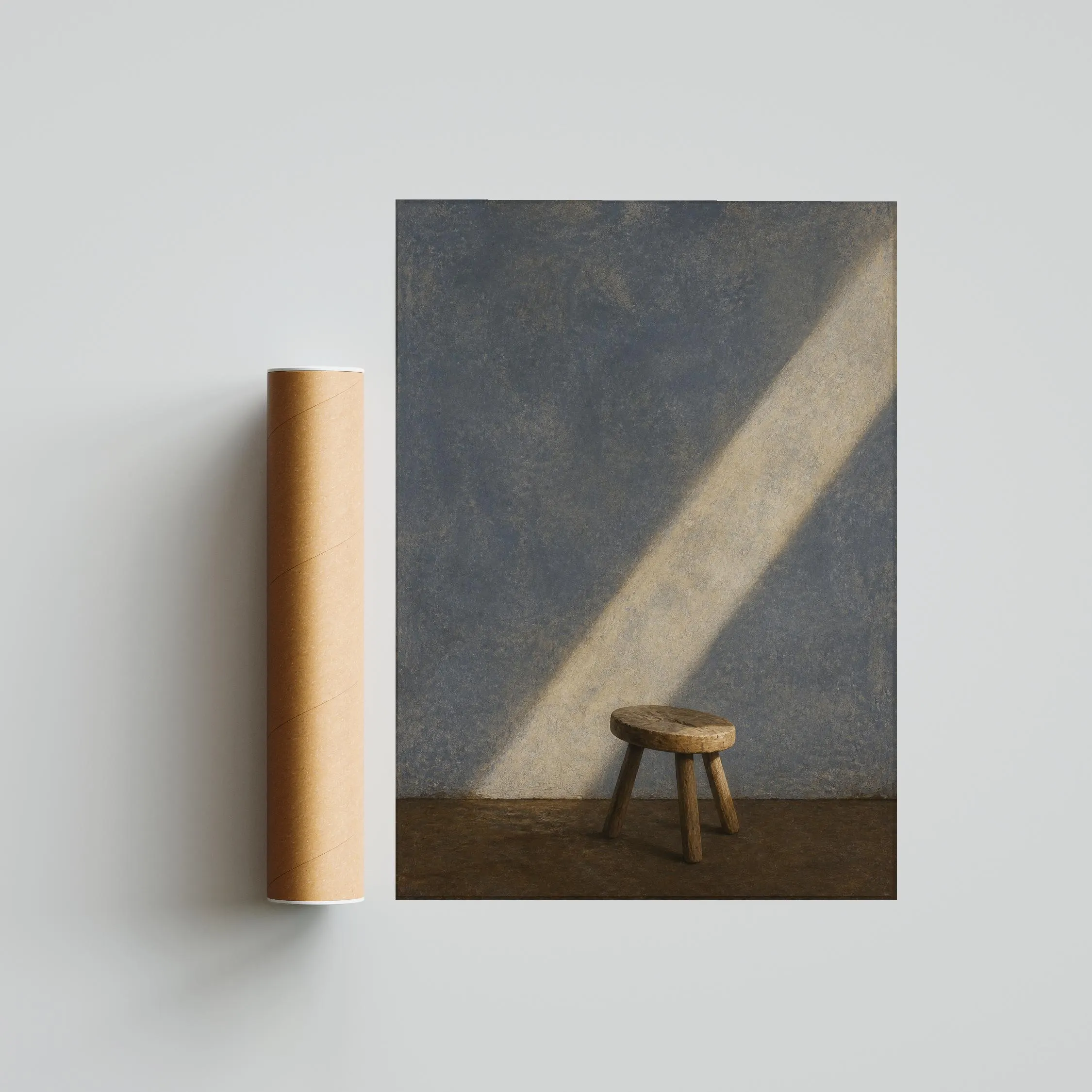 Minimalist Stool Wall Art, Wabi Sabi Winter Light Painting, Blue Grey Still Life Print – Calm Wall Art by Artsify thumbnail 5