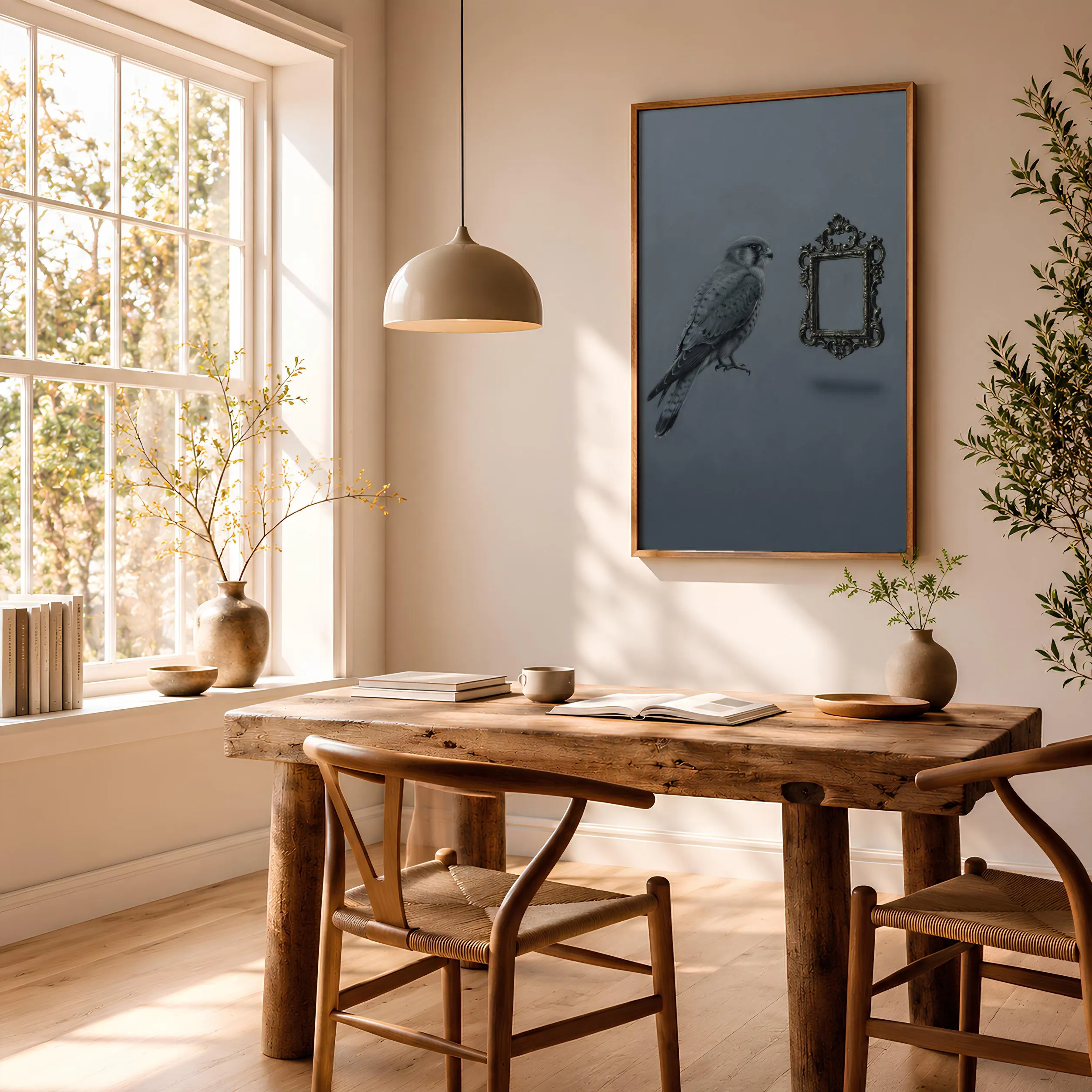 Surreal Kestrel Wall Art Print, Floating Mirror Poster, Grey Bird Decor, Minimalist Surreal Art, Housewarming Gift – Calm Wall Art by Artsify thumbnail 2