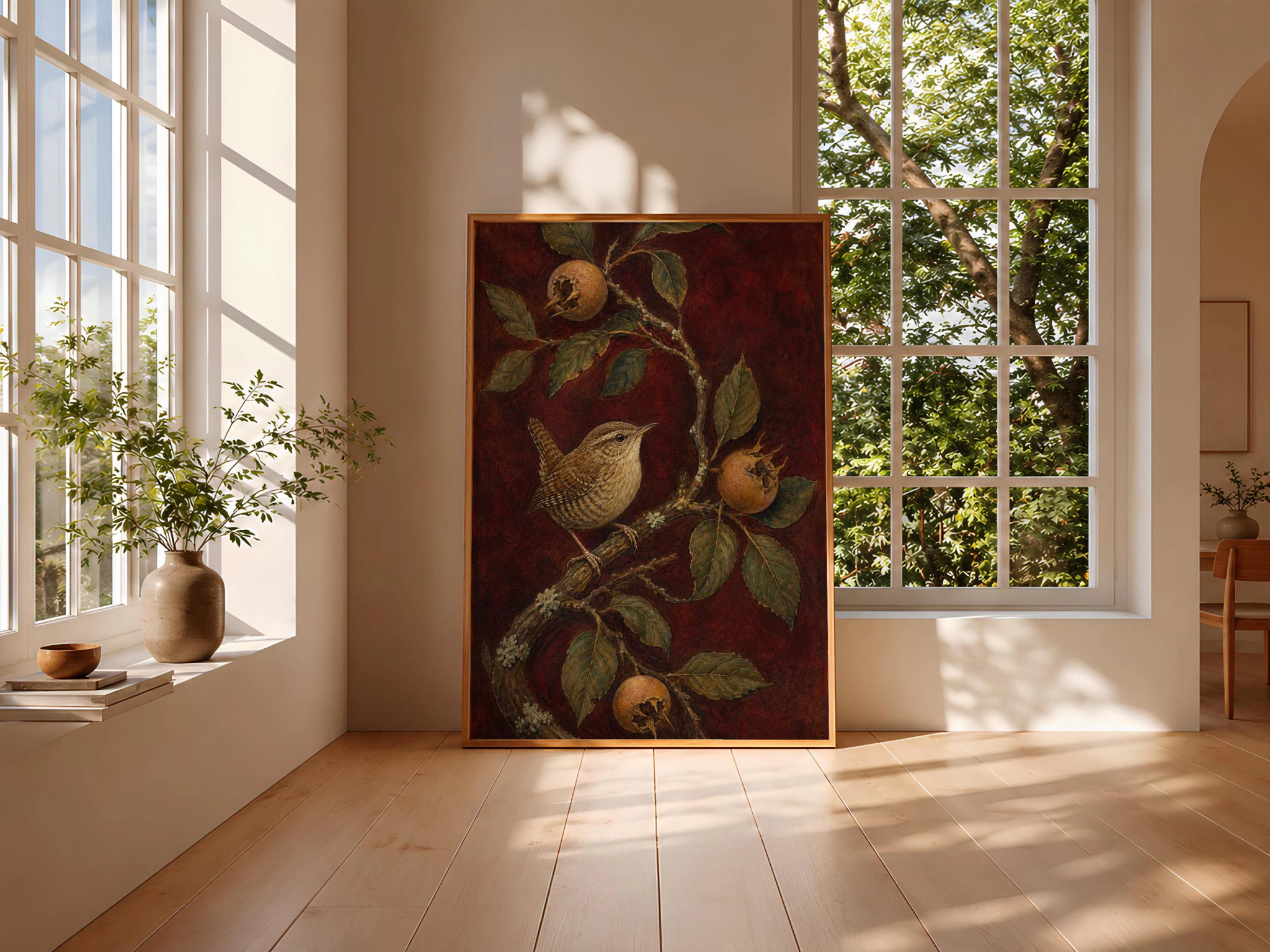 Eurasian Wren Wall Art, Vintage Naturalist Illustration, Deep Maroon Botanical Decor Print – Calm Wall Art by Artsify thumbnail 3