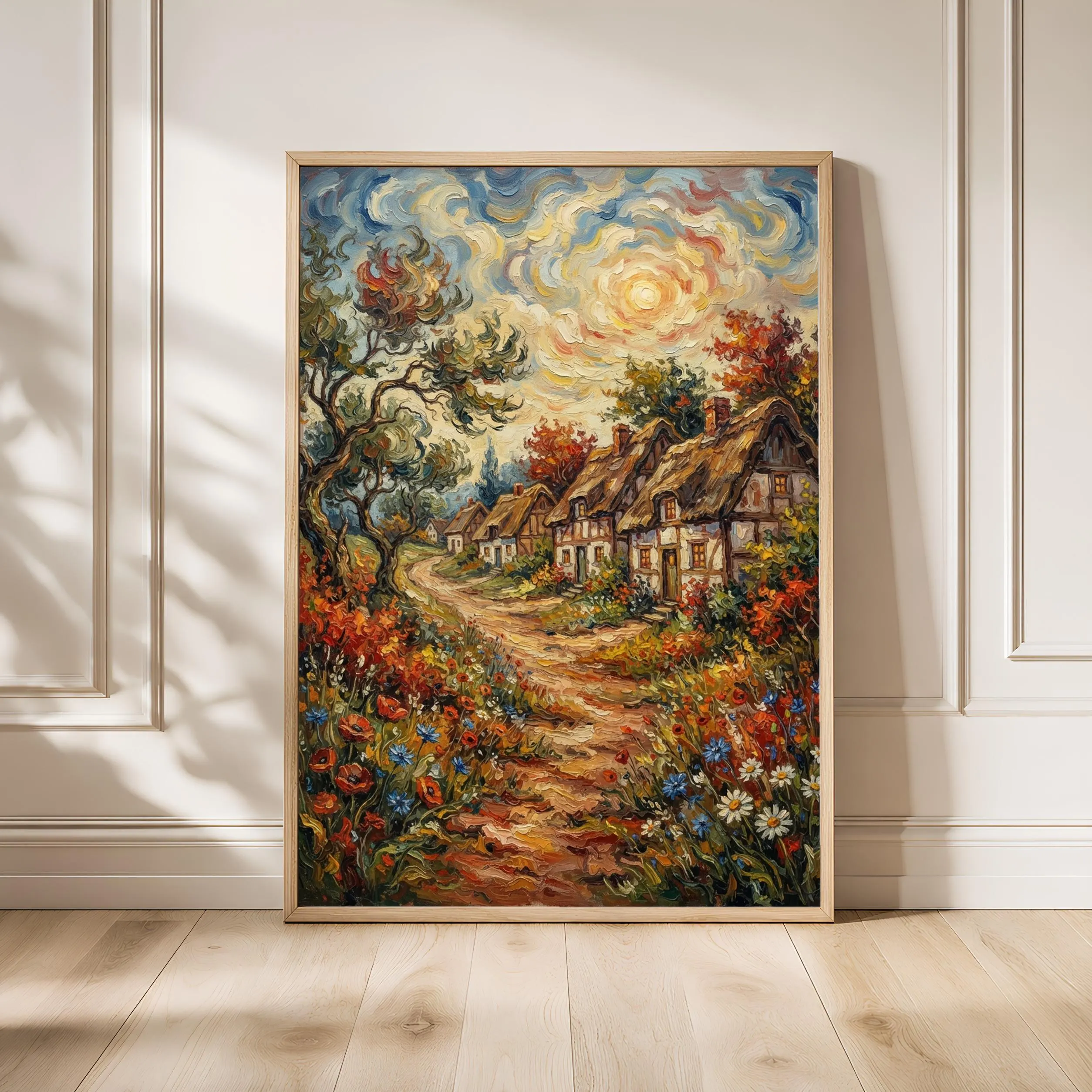 Van Gogh Style Thatched Cottage Print, Post Impressionist Village Poster, Rustic Wall Art, Entryway Decor, Housewarming Gift – Calm Wall Art by Artsify