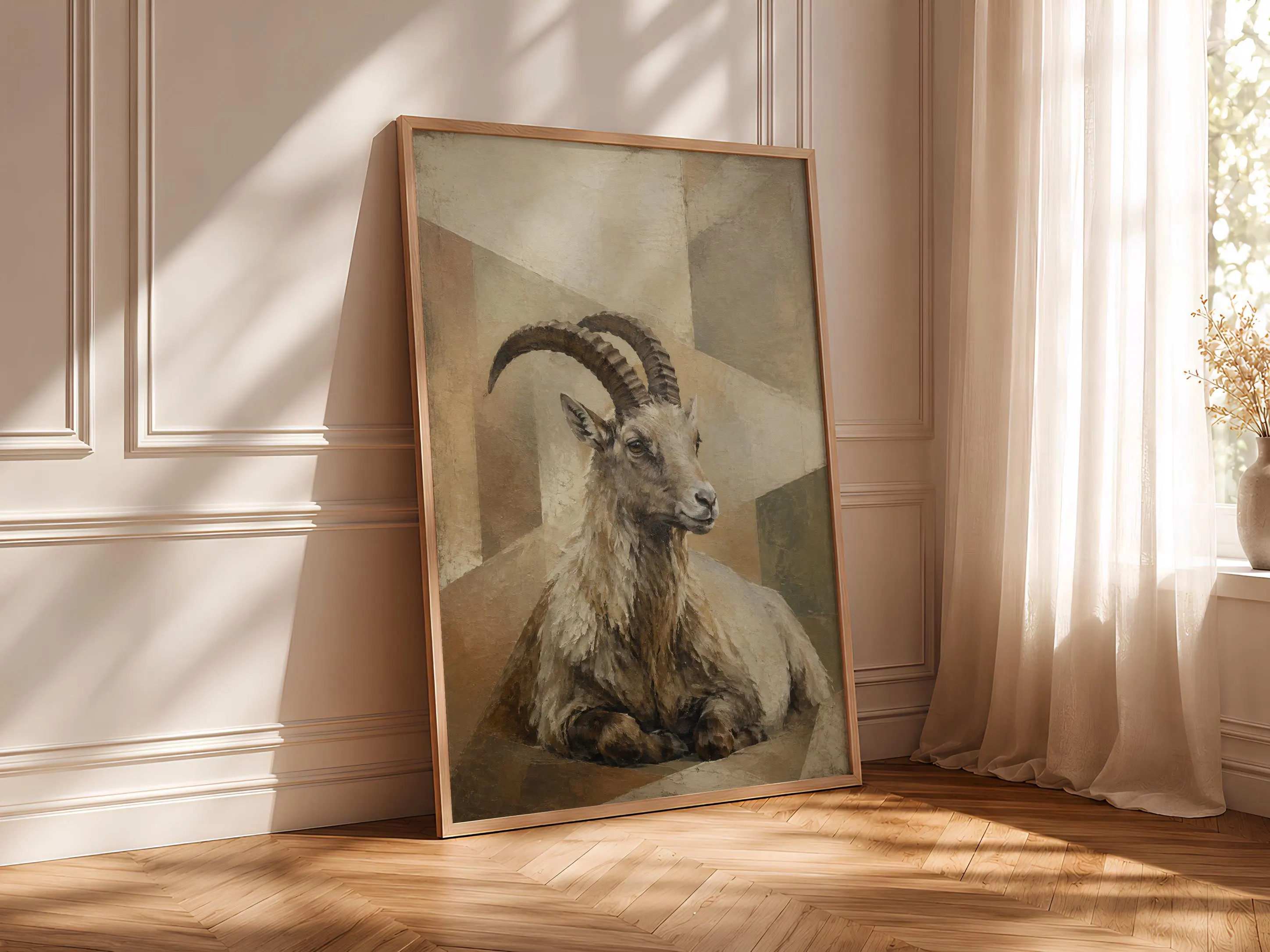 Resting Alpine Goat Wall Art, Geometric Animal Oil Painting – Calm Wall Art by Artsify thumbnail 4