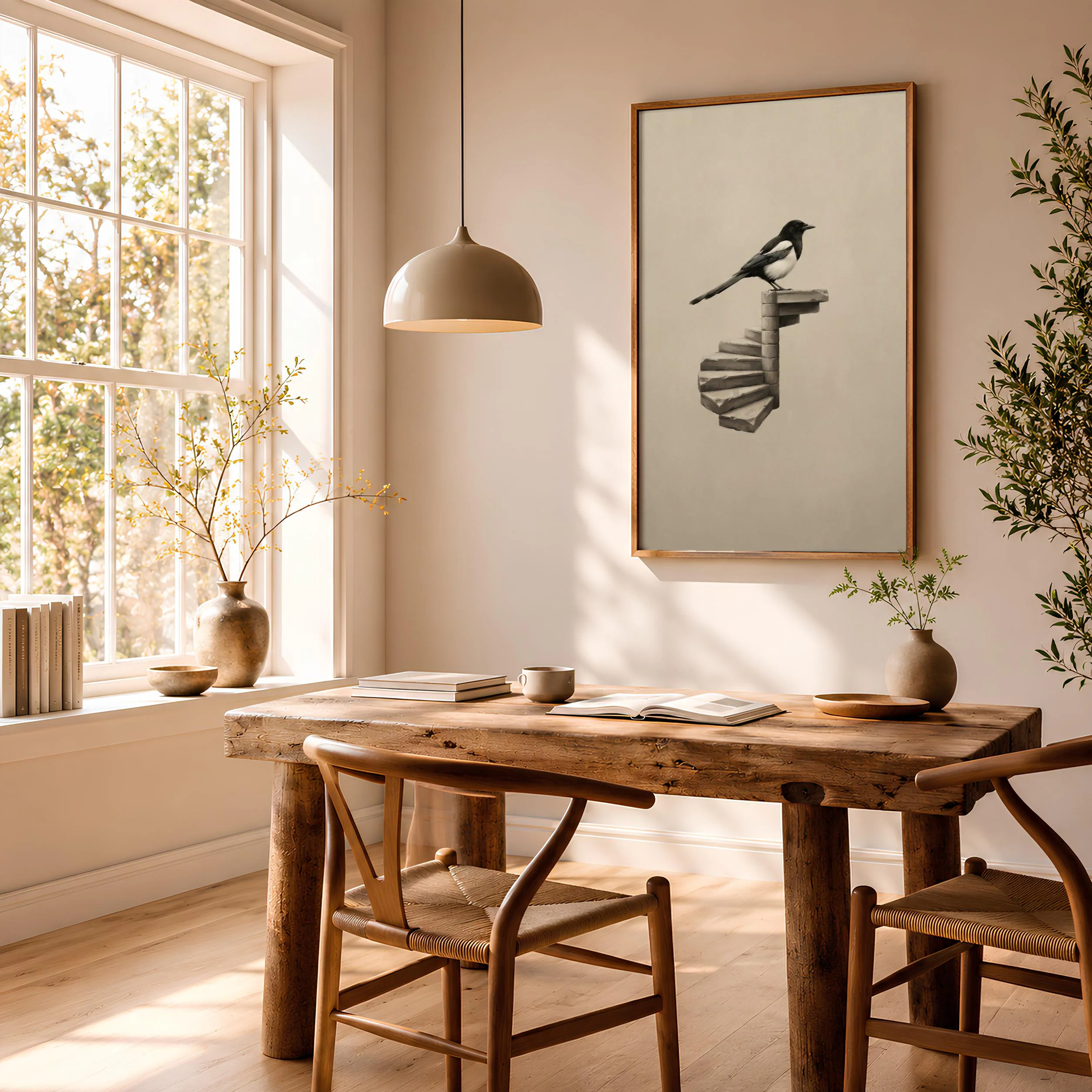 Surreal Magpie Wall Art Print, Floating Staircase Poster, Black Beige Bird Decor, Minimalist Surreal Art, Housewarming Gift – Calm Wall Art by Artsify thumbnail 2