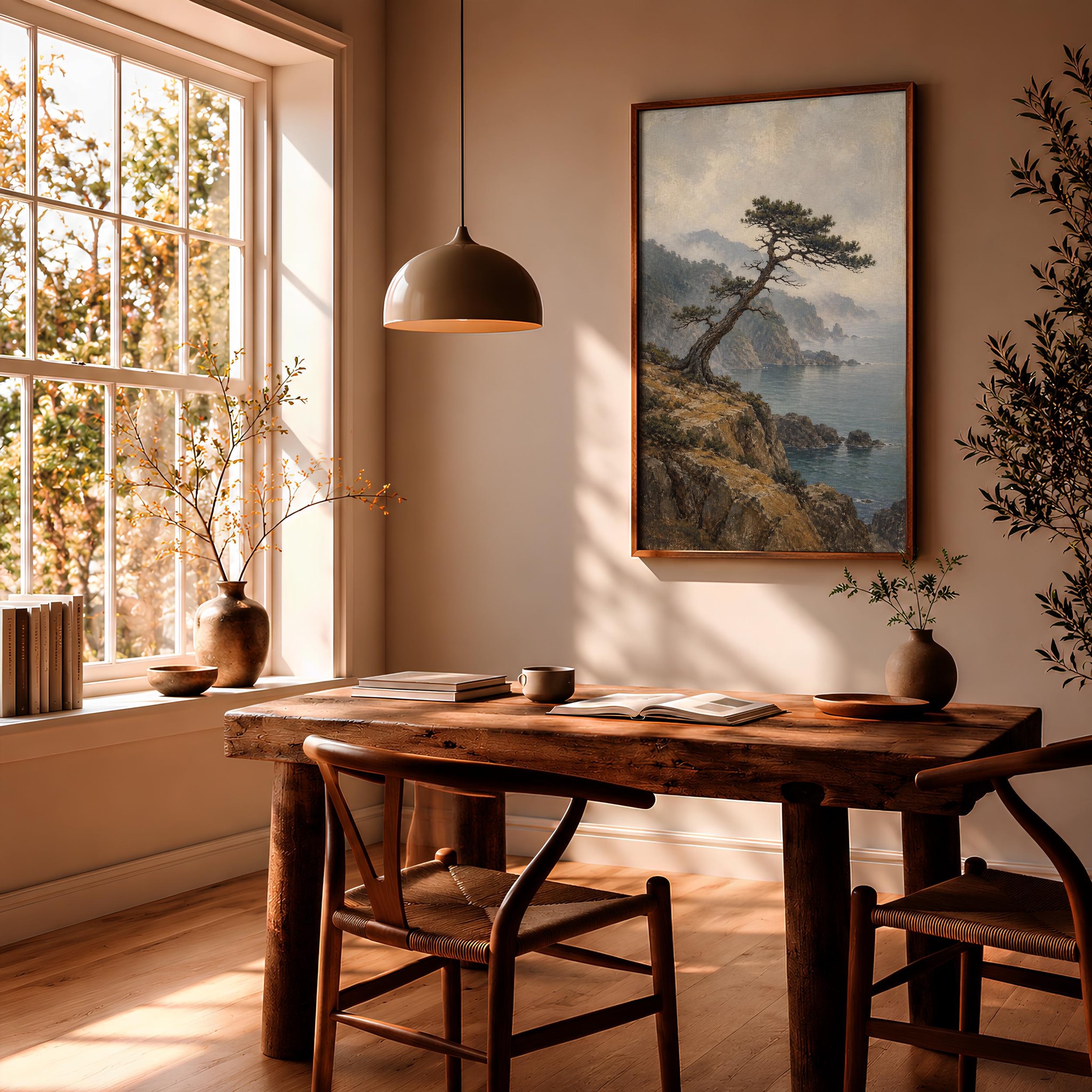 Wind Bent Pine Wall Art, Japanese Cliff Landscape Painting, Zen Reading Nook Decor – Calm Wall Art by Artsify thumbnail 2