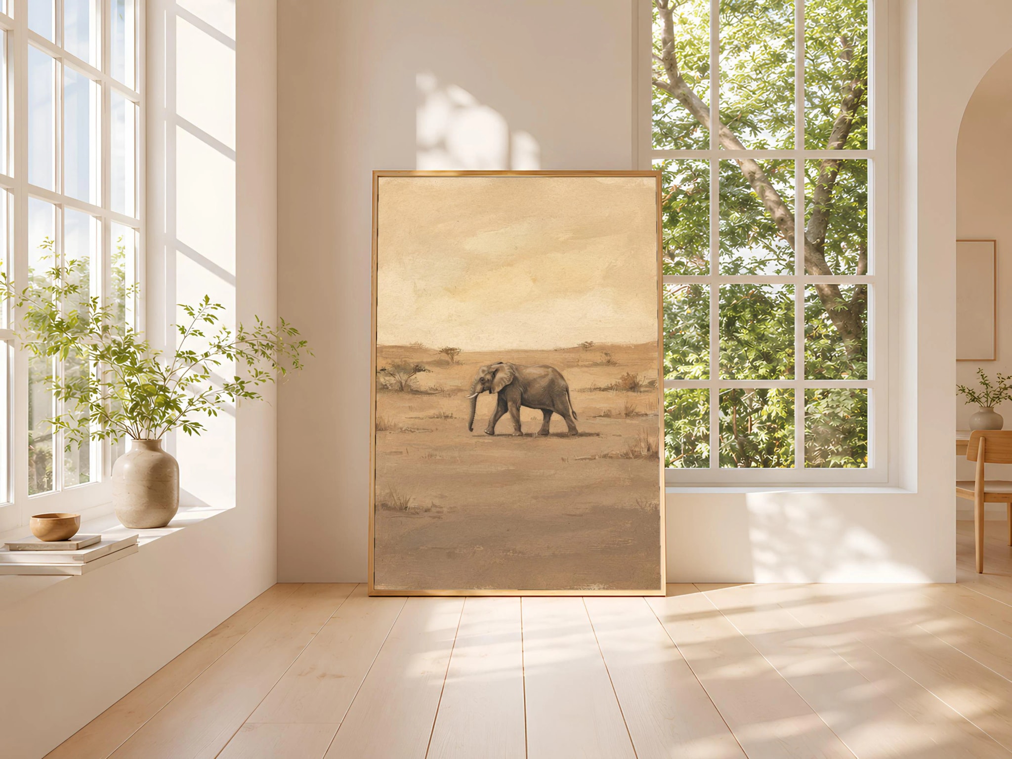 Elephant Wall Art, Taupe Minimalist Wildlife Painting, Vintage Safari Print, Housewarming Gift – Calm Wall Art by Artsify thumbnail 3