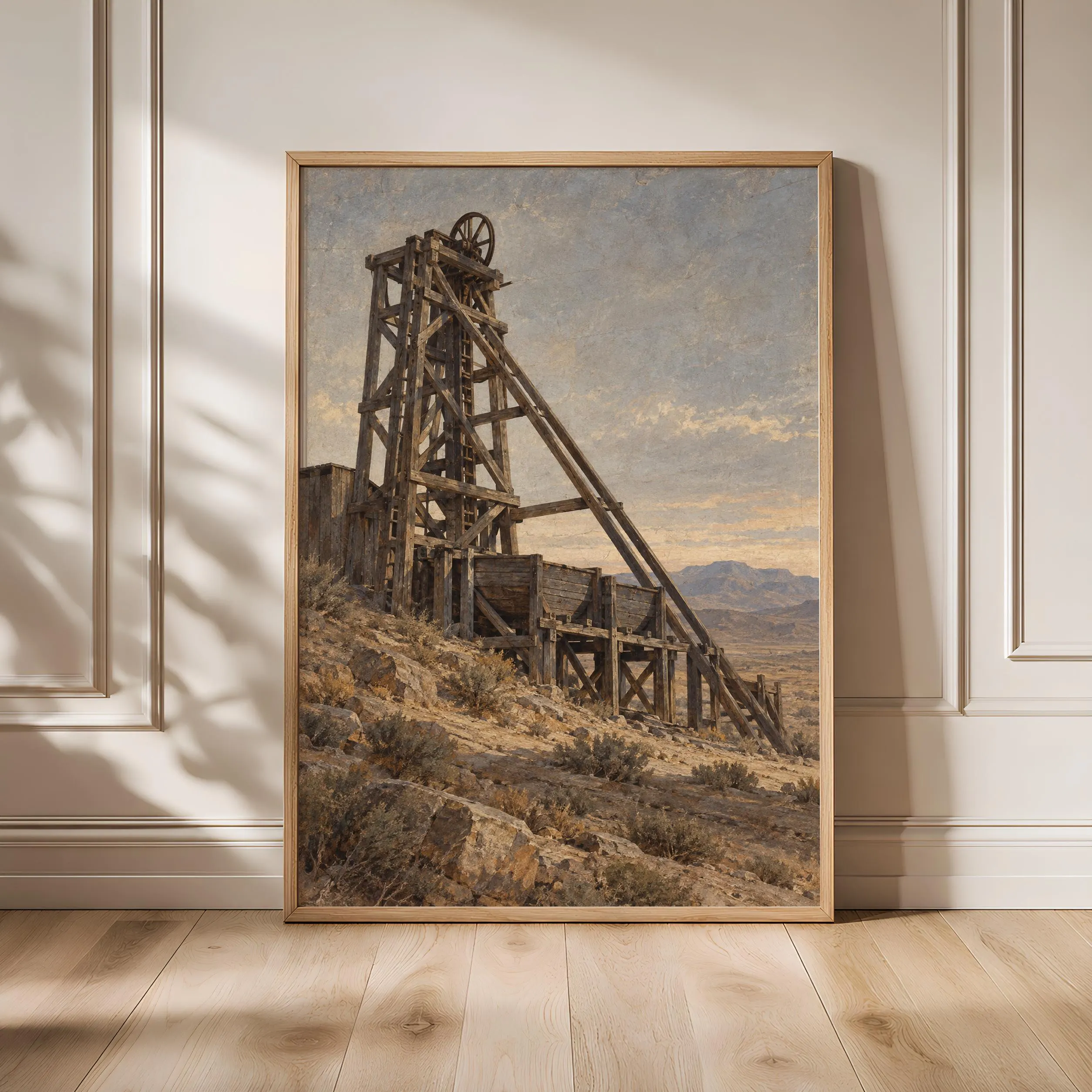 Old Mining Headframe Wall Art, Western Industrial Architecture Painting – Calm Wall Art by Artsify