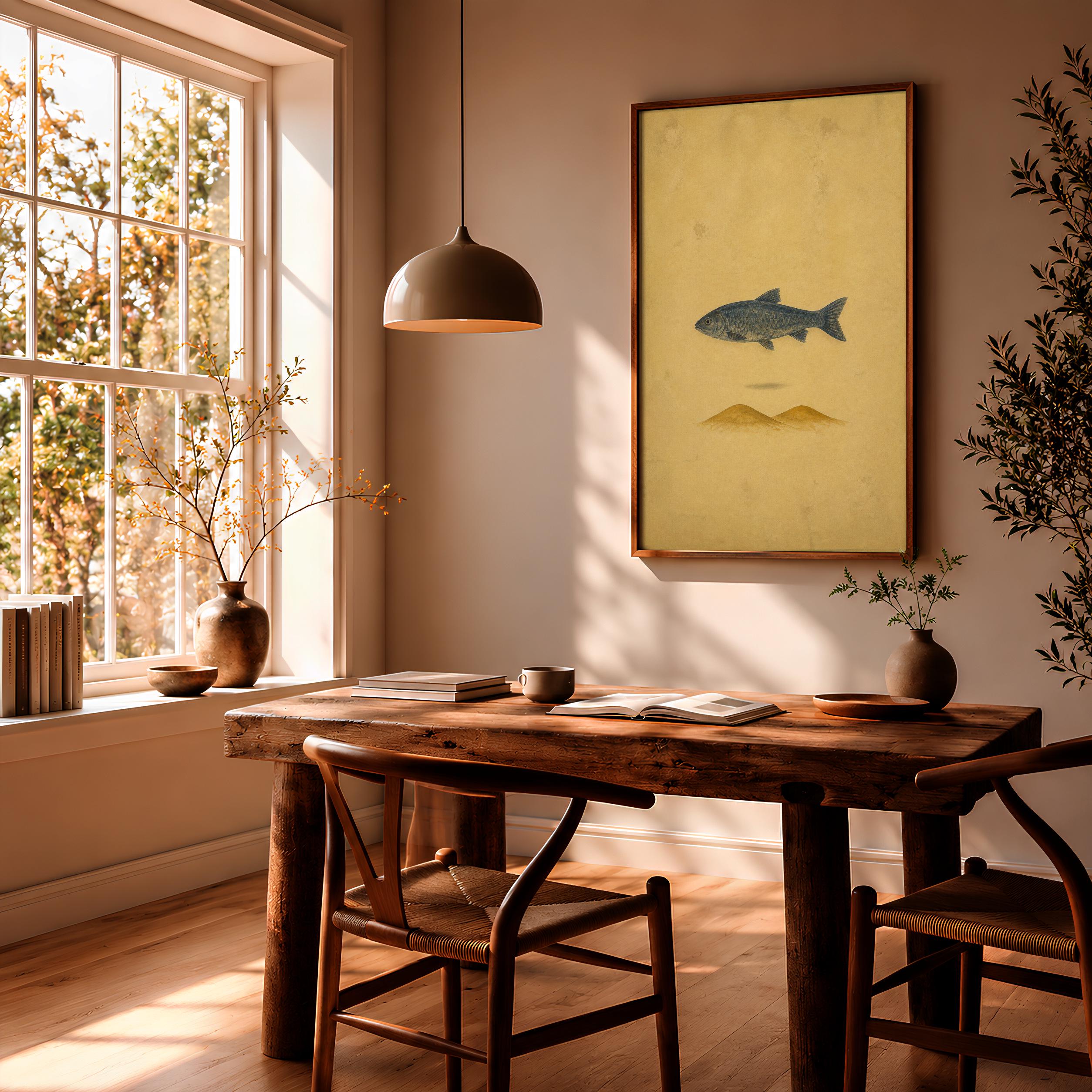 Surreal Desert Fish Wall Art, Minimal Folk Animal Poster, Indigo and Ochre – Calm Wall Art by Artsify thumbnail 2