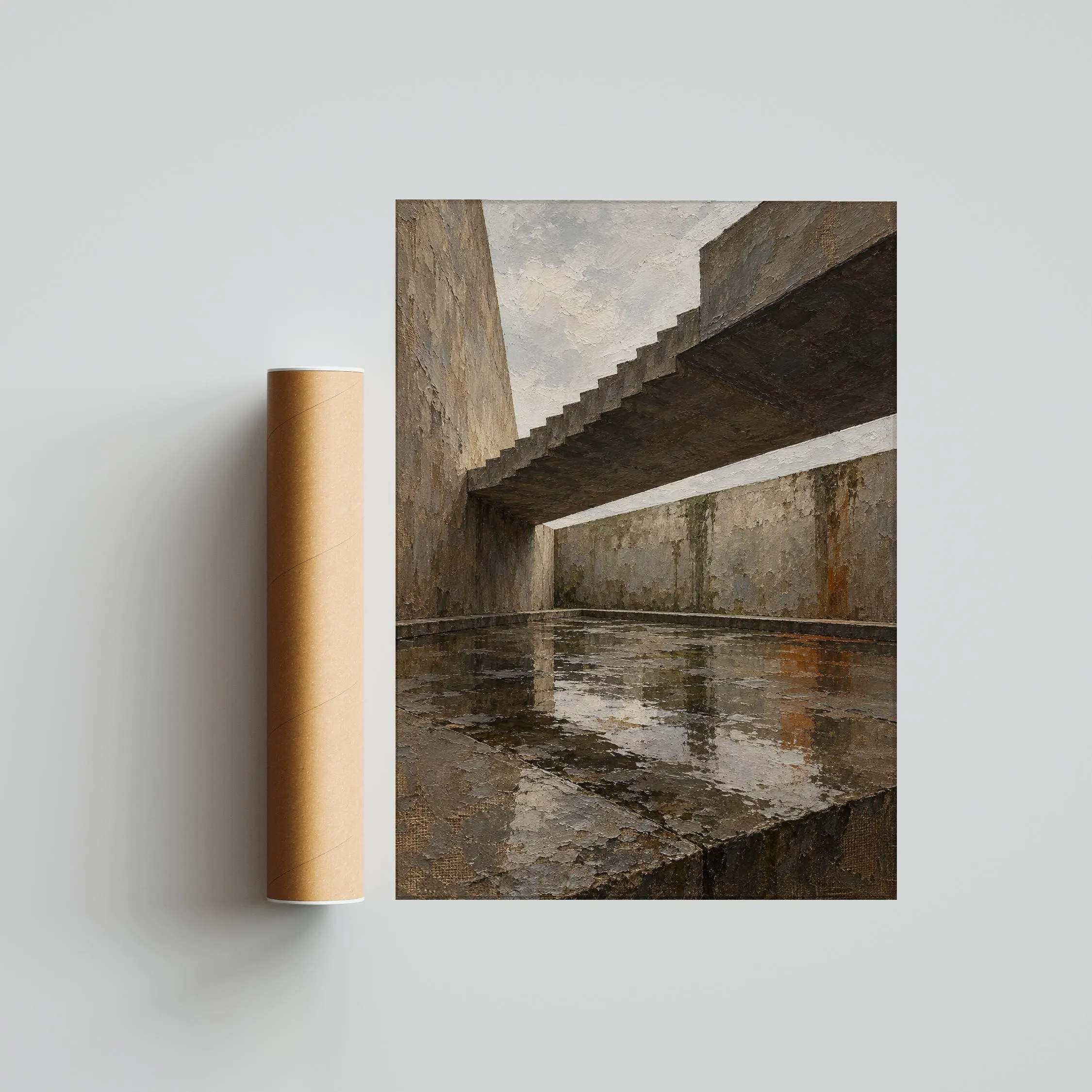 Brutalist Concrete Atrium Wall Art, Rainy Architecture Oil Painting, Industrial Office Decor – Calm Wall Art by Artsify thumbnail 5