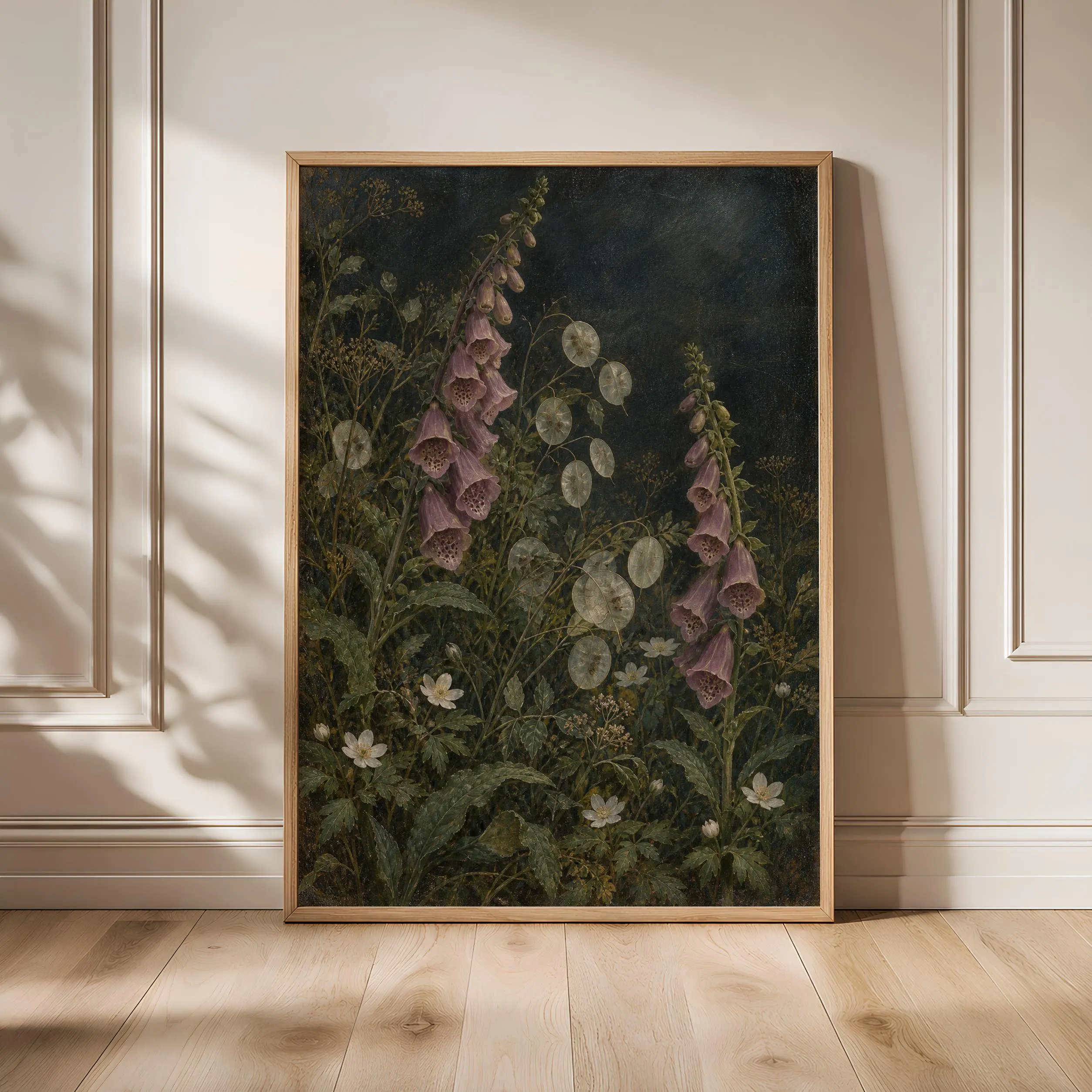 Foxglove and Honesty Wall Art, Moody Night Garden Oil Painting, Dark Academia Decor – Calm Wall Art by Artsify