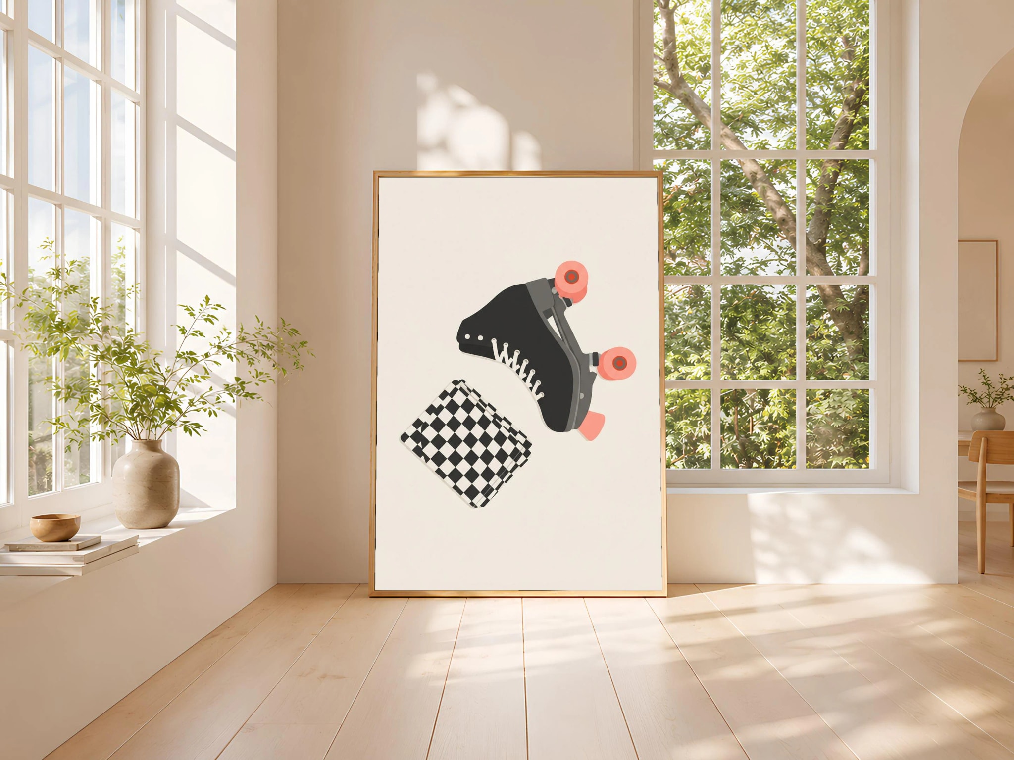 Retro Roller Skate Print, Checkerboard Japandi Poster, Black White Wall Art, Skater Gift, Housewarming Gift – Calm Wall Art by Artsify thumbnail 3