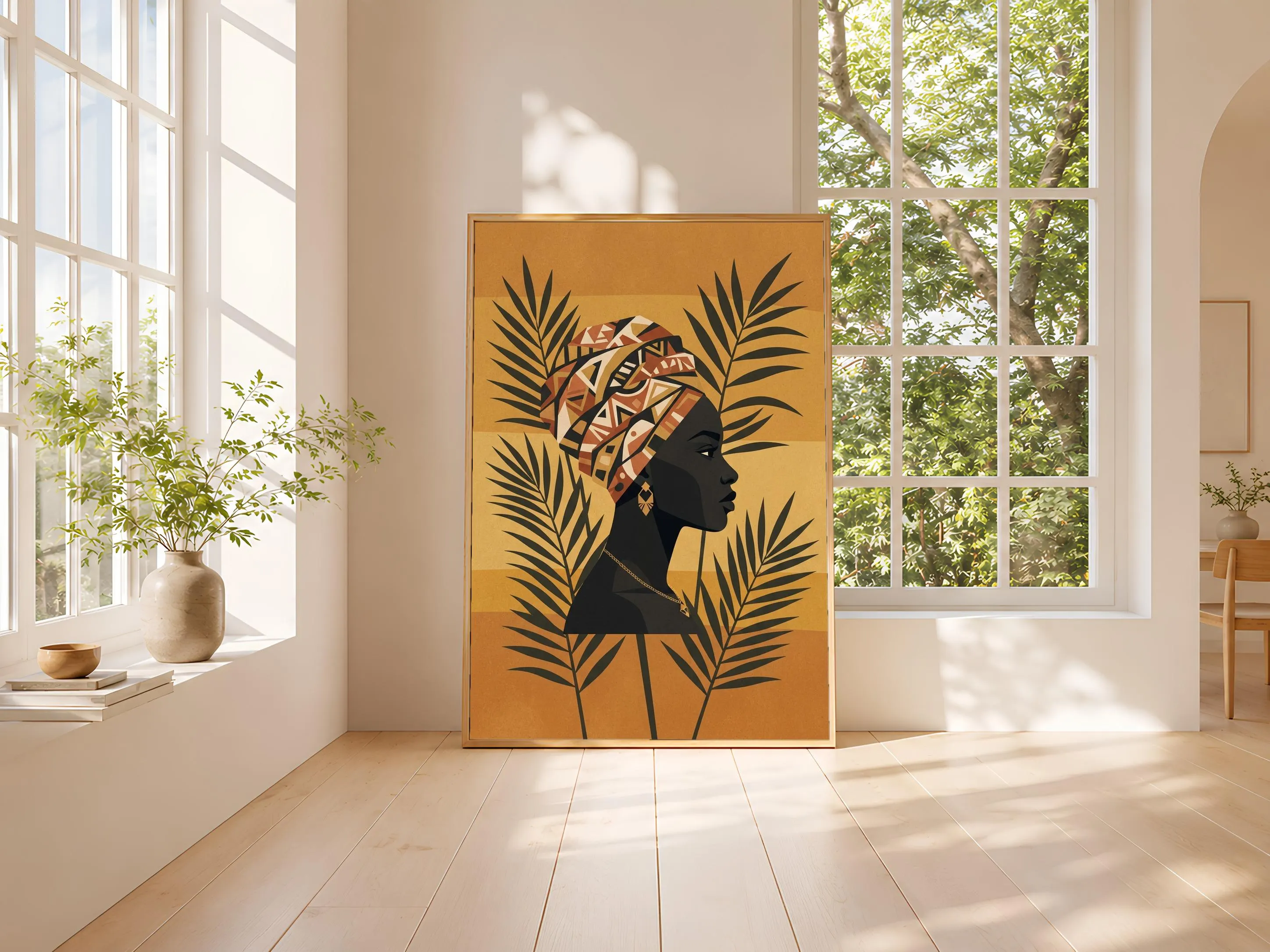 Turban Silhouette Wall Art, Afrocentric Portrait Poster, Palm Leaf Print, Entryway Decor, Housewarming Gift – Calm Wall Art by Artsify thumbnail 3