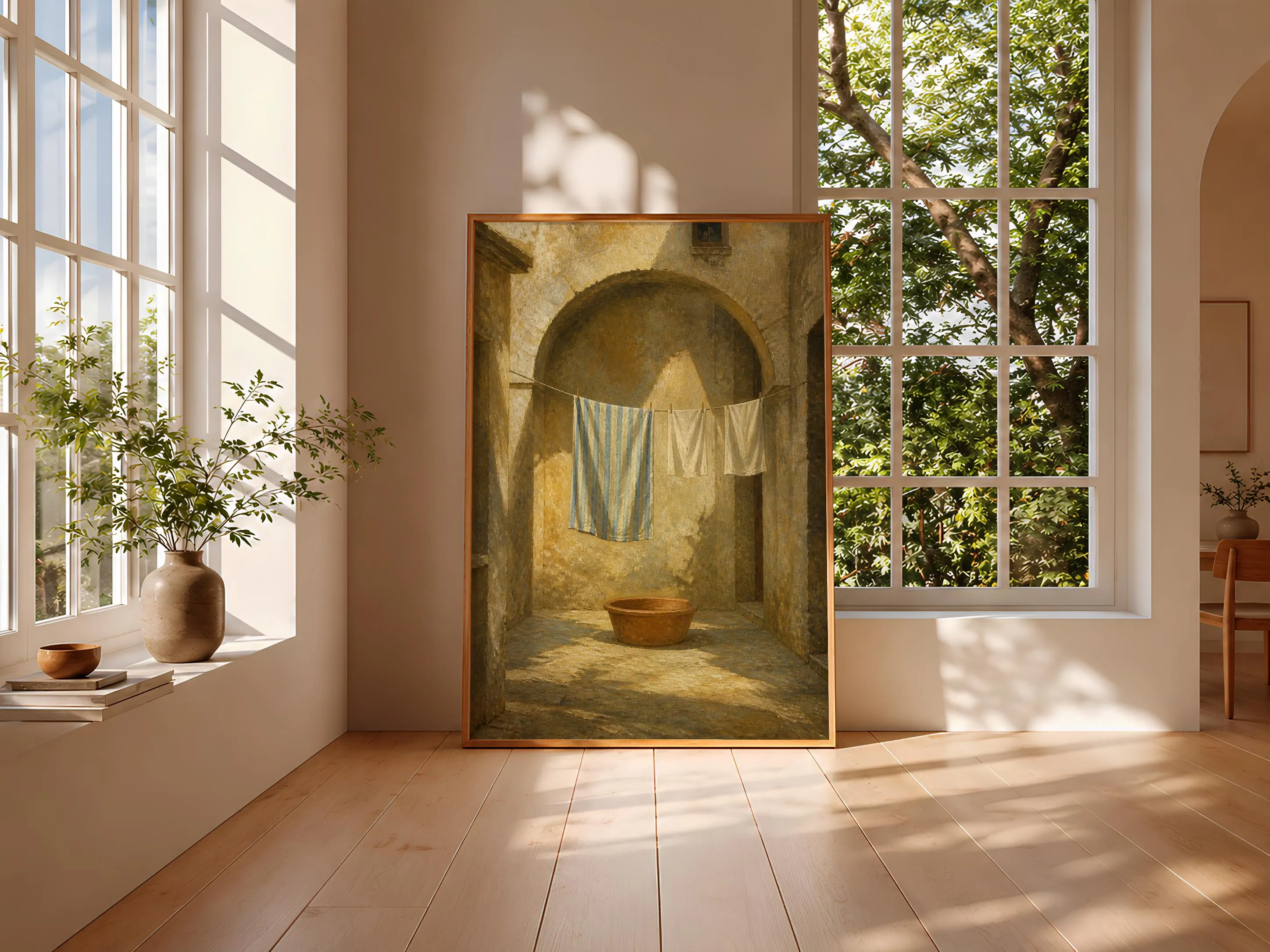Mediterranean Laundry Wall Art, Indigo Linen Courtyard Oil Painting, Rustic European Print – Calm Wall Art by Artsify thumbnail 3
