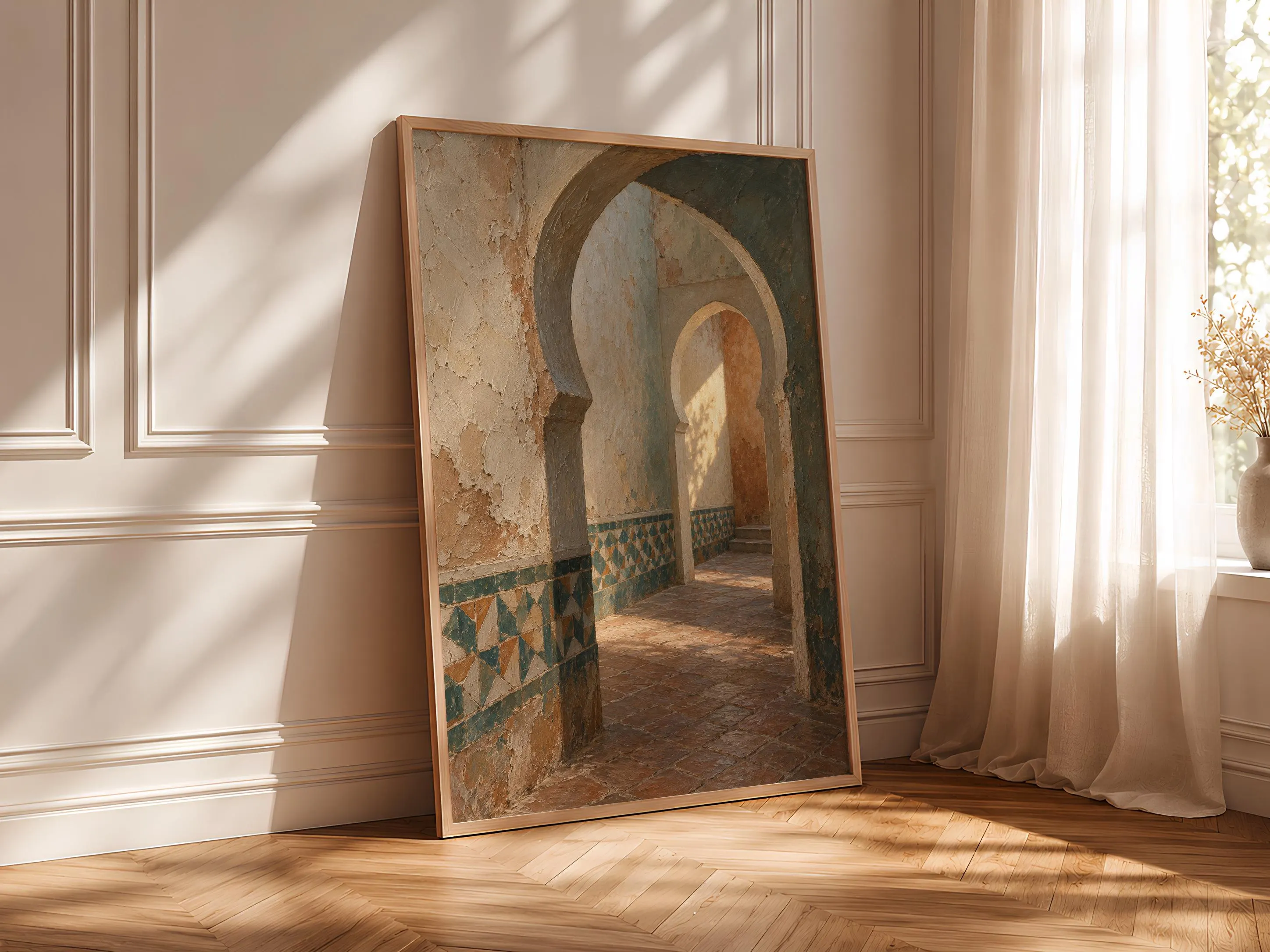 Moroccan Riad Archway Wall Art, Quiet Passage Oil Painting, Boho Mediterranean Decor – Calm Wall Art by Artsify thumbnail 4