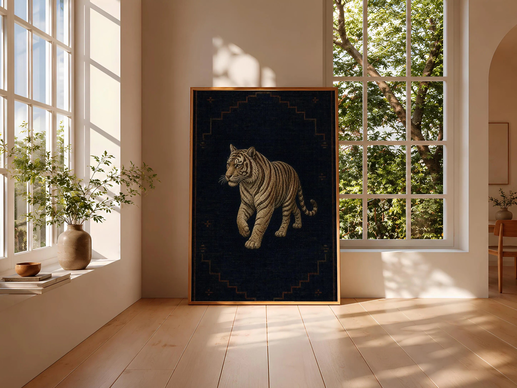 Embroidered Tiger Print, Minimalist Kilim Wall Art, Navy Boho Poster, Housewarming Gift – Calm Wall Art by Artsify thumbnail 3