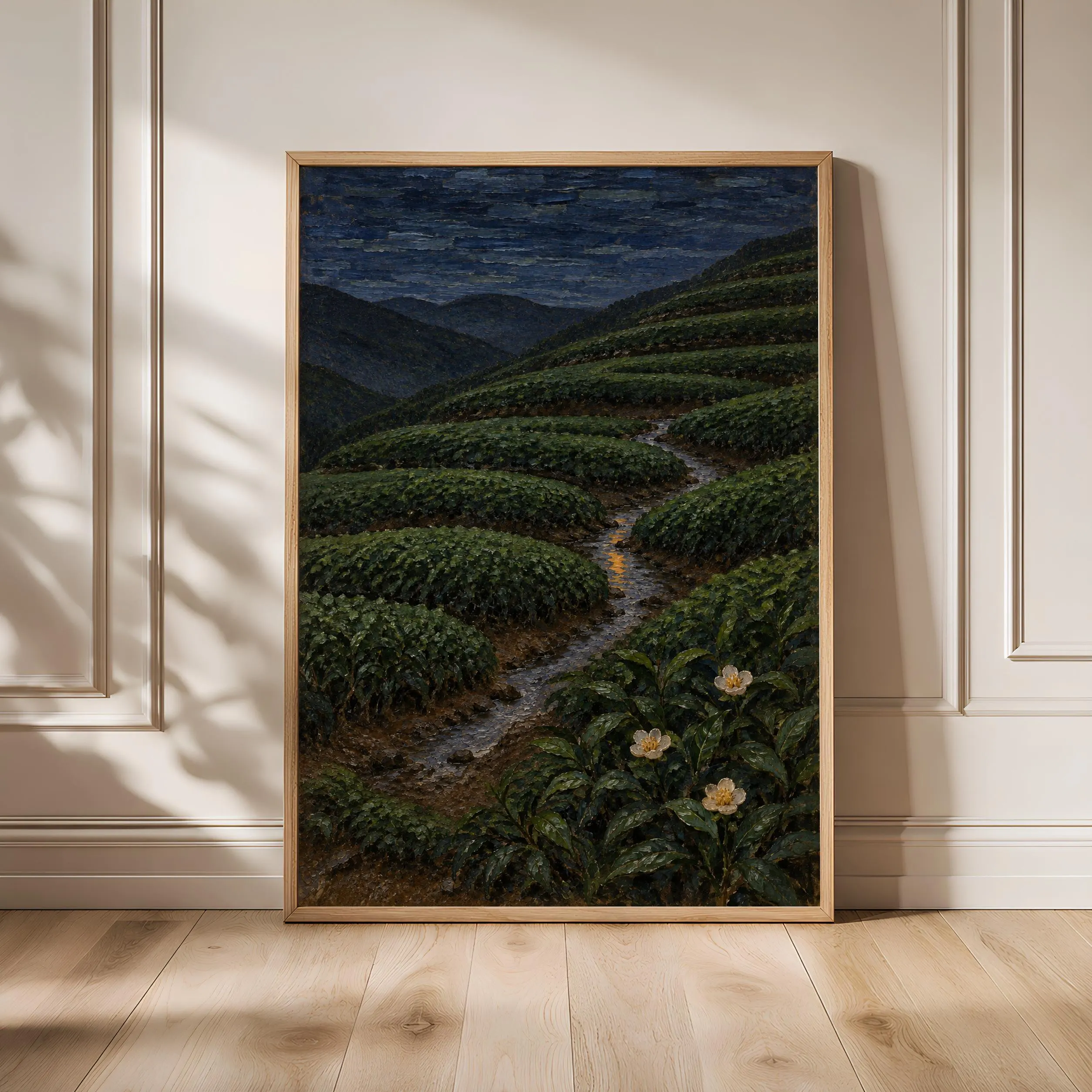 Tea Plantation Wall Art, Moody Night Terrace Oil Painting – Calm Wall Art by Artsify