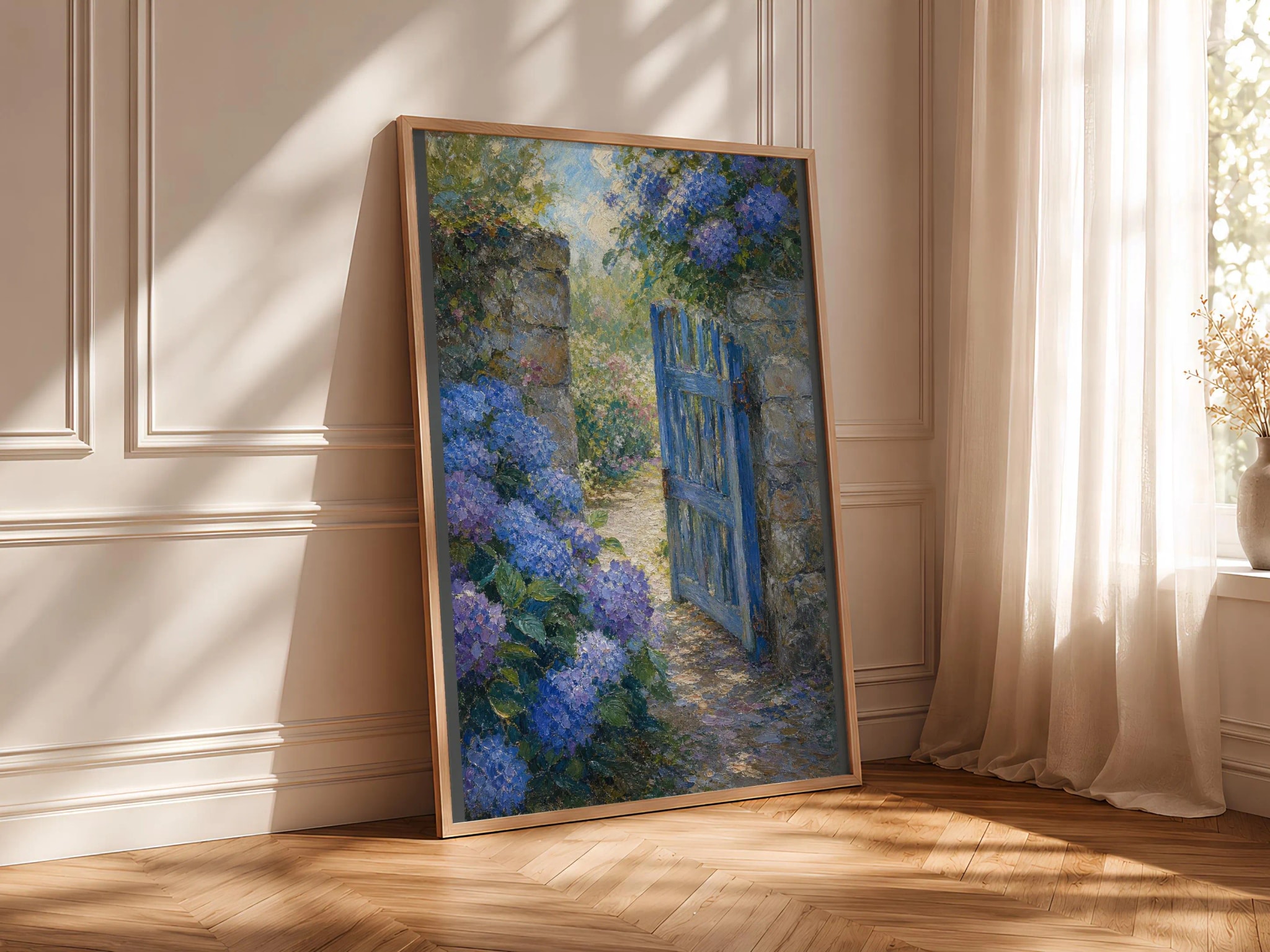 Monet Style Garden Gate Print, Blue Hydrangea Wall Art, Impressionist Cottage Poster, Floral Garden Decor, Housewarming Gift – Calm Wall Art by Artsify thumbnail 4
