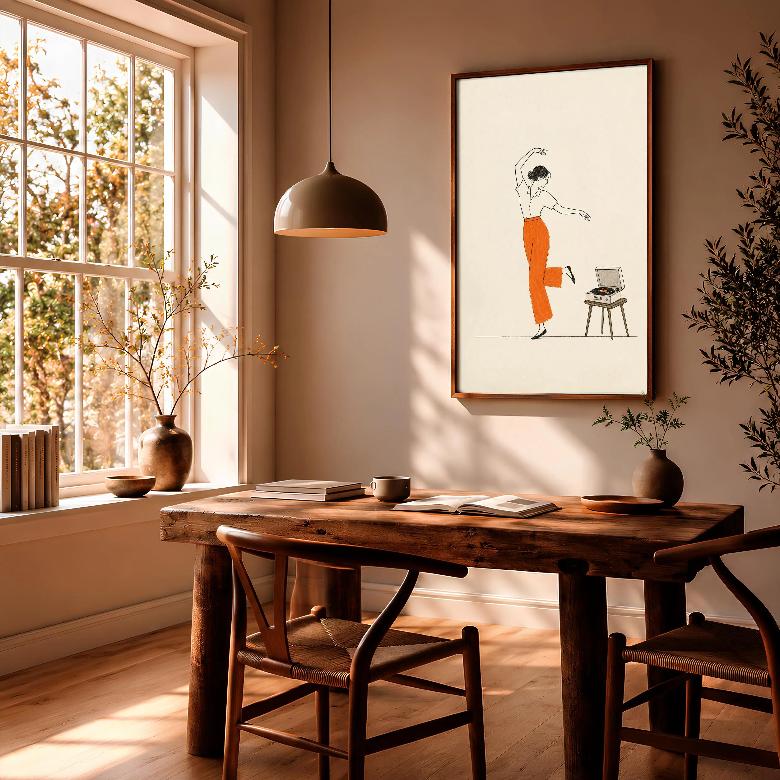 Retro Dancing Woman Print, Mid Century Record Player Wall Art, Orange Music Poster, Minimalist Line Art Decor, Housewarming Gift – Calm Wall Art by Artsify thumbnail 2