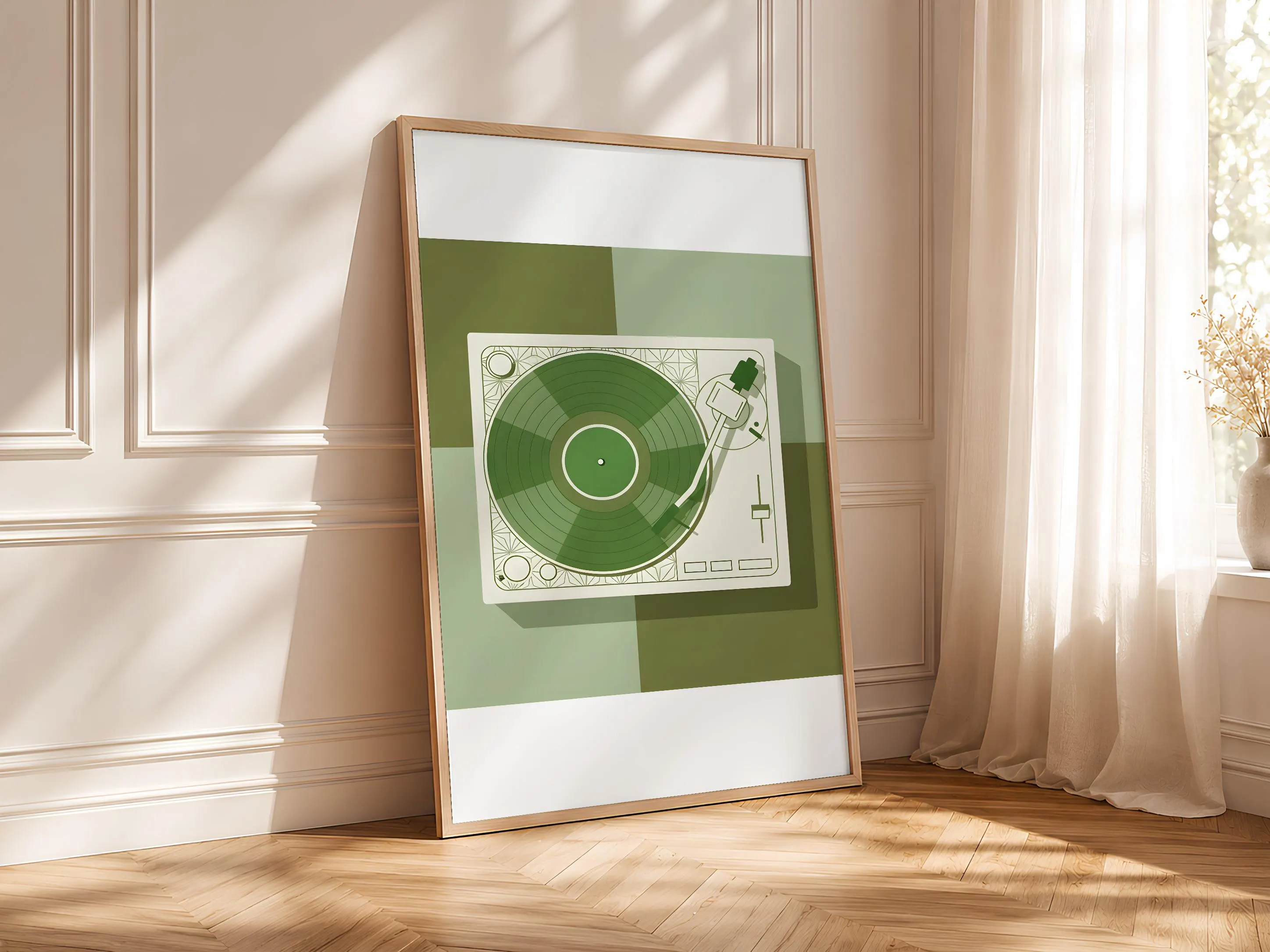 Vintage Turntable Print, Japandi Geometric Vinyl Poster, Green Record Wall Art, Music Room Decor, Housewarming Gift – Calm Wall Art by Artsify thumbnail 4