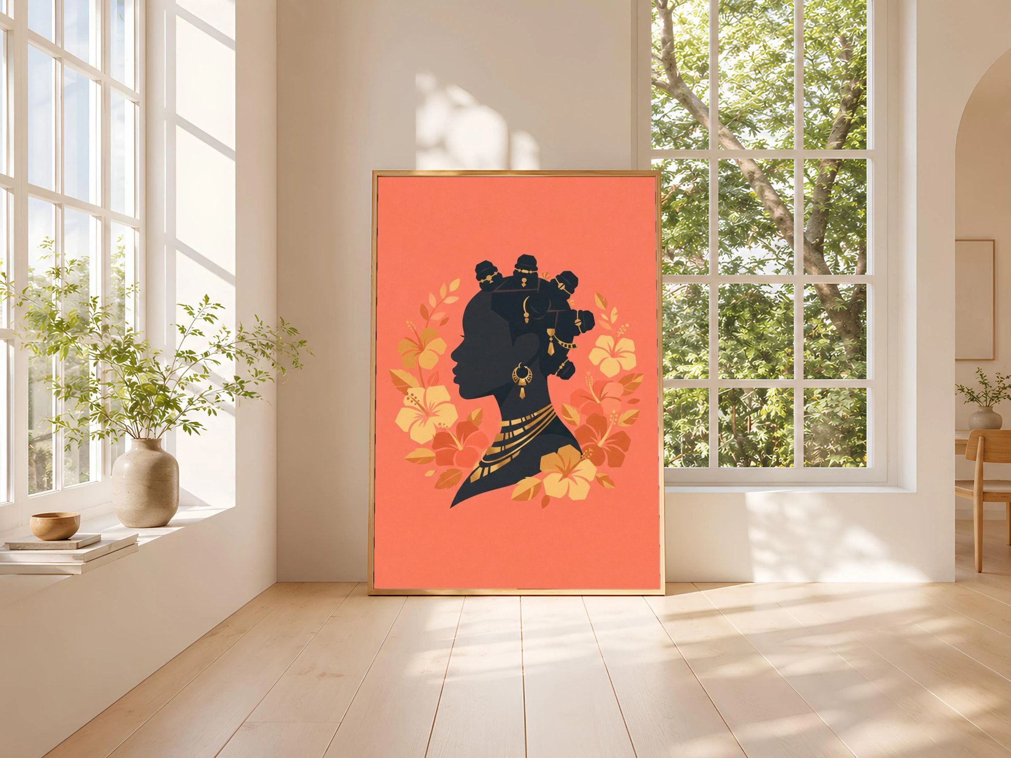 Bantu Knots Wall Art, Afrocentric Silhouette Poster, Hibiscus Flower Print, Bathroom Decor, Housewarming Gift – Calm Wall Art by Artsify thumbnail 3