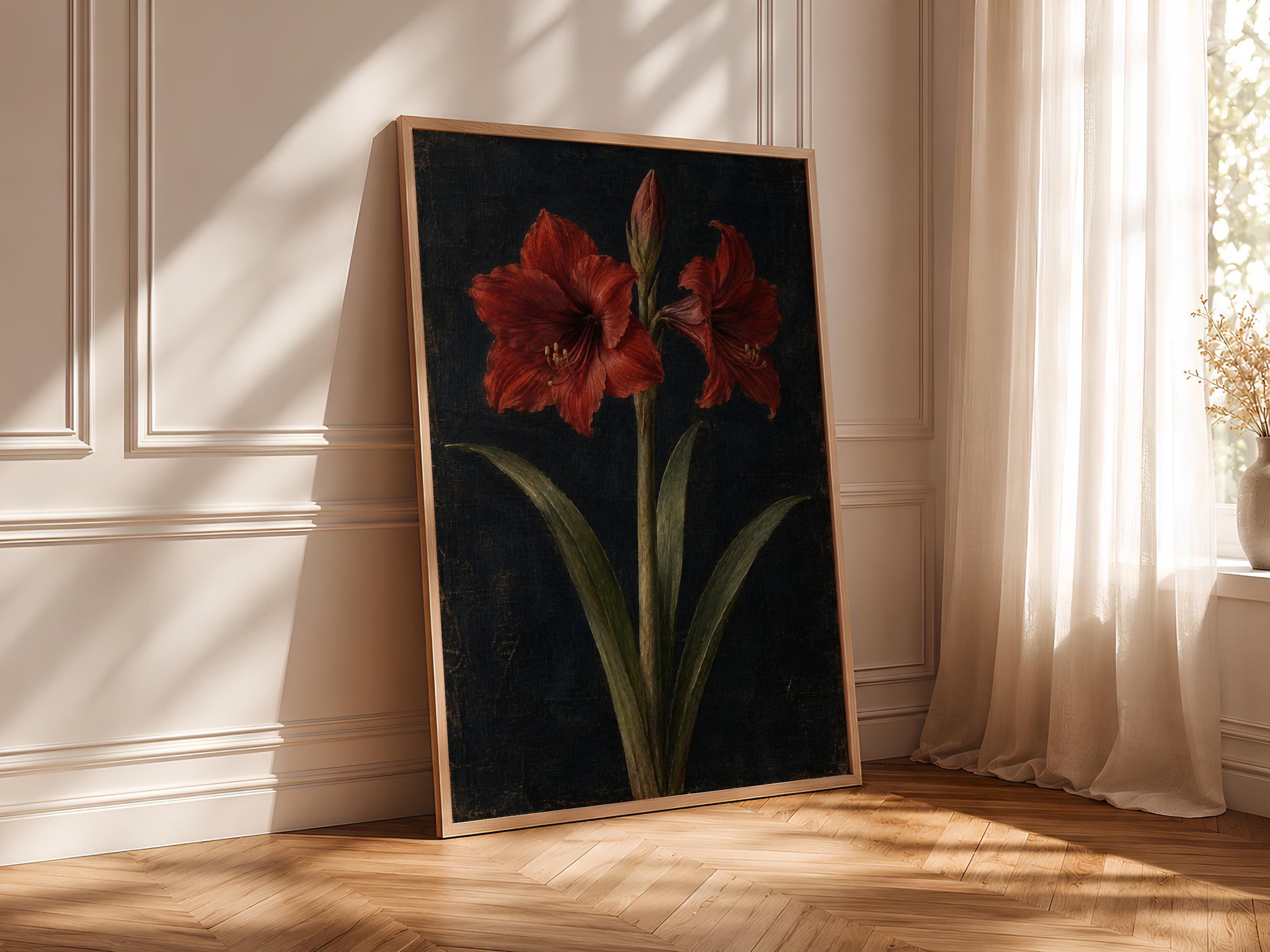 Red Amaryllis Wall Art, Minimal Moody Floral Oil Painting, Romantic Bedroom Decor – Calm Wall Art by Artsify thumbnail 4