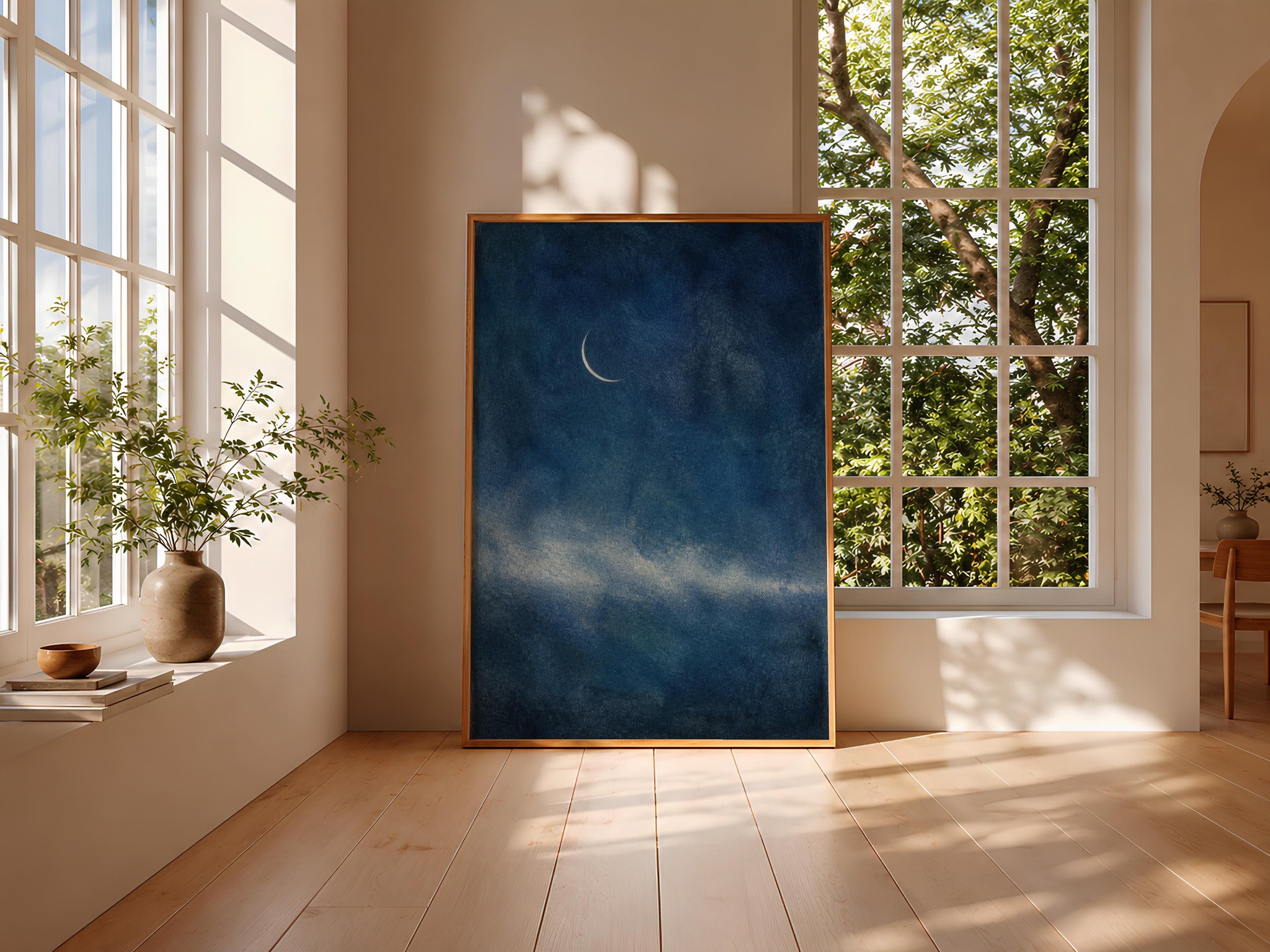 Crescent Moon Wall Art, Minimalist Night Sky Painting, Indigo Blue Celestial Print – Calm Wall Art by Artsify thumbnail 3