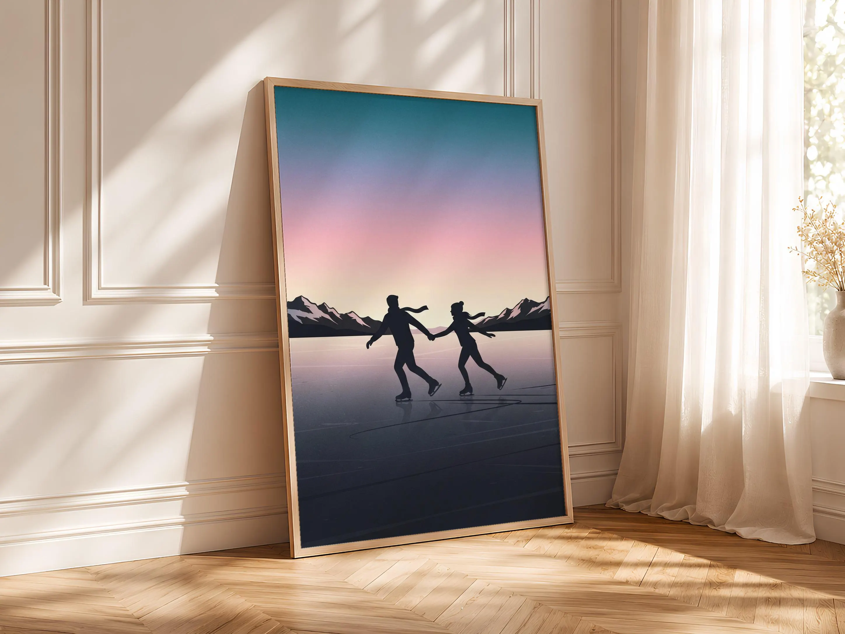 Ice Skaters Print, Winter Mountain Poster, Teal Lavender Wall Art, Skating Gift, Housewarming Gift – Calm Wall Art by Artsify thumbnail 4