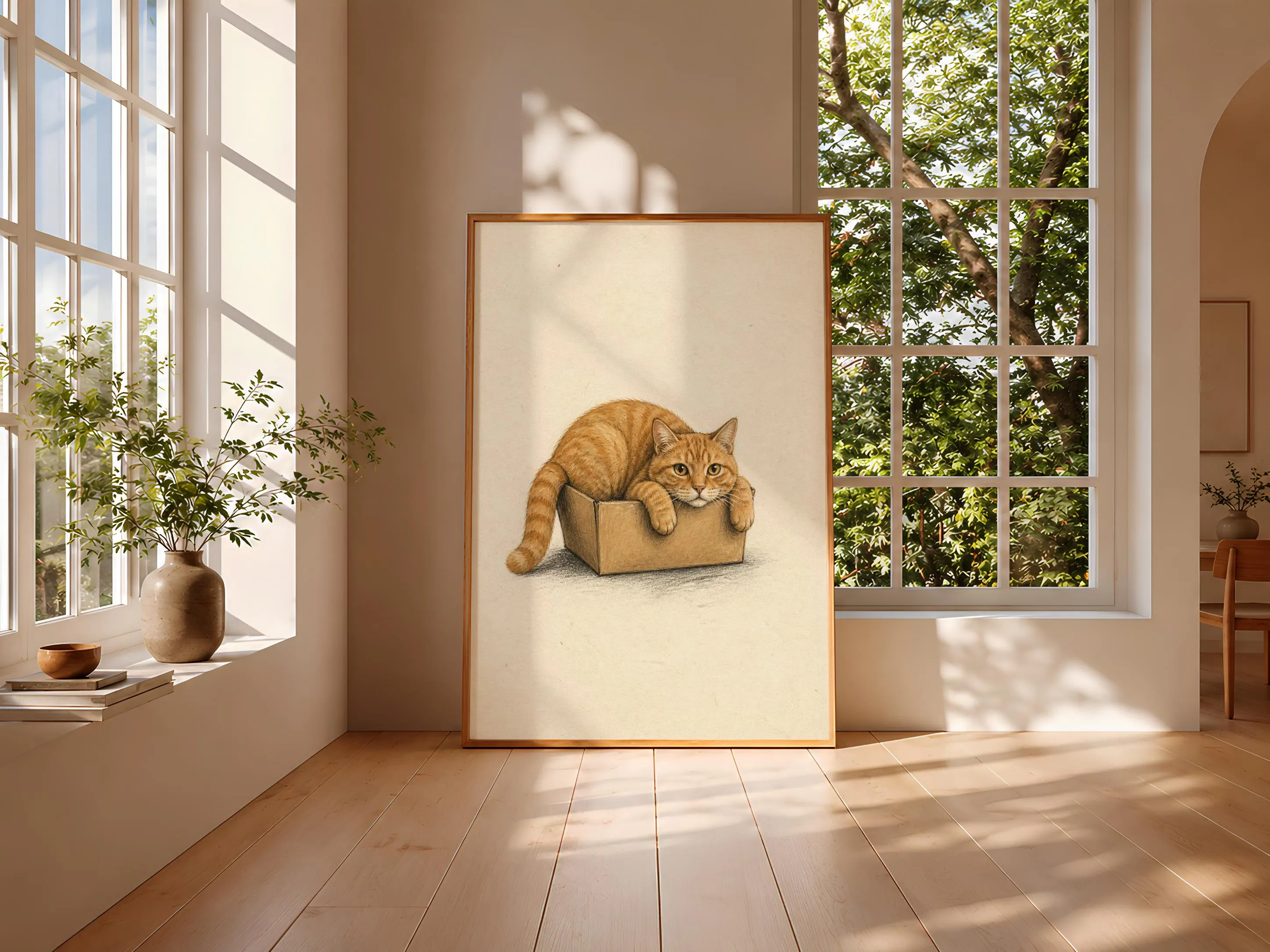 Funny Cat Wall Art, Orange Tabby in Box, Minimalist Pet Painting – Calm Wall Art by Artsify thumbnail 3