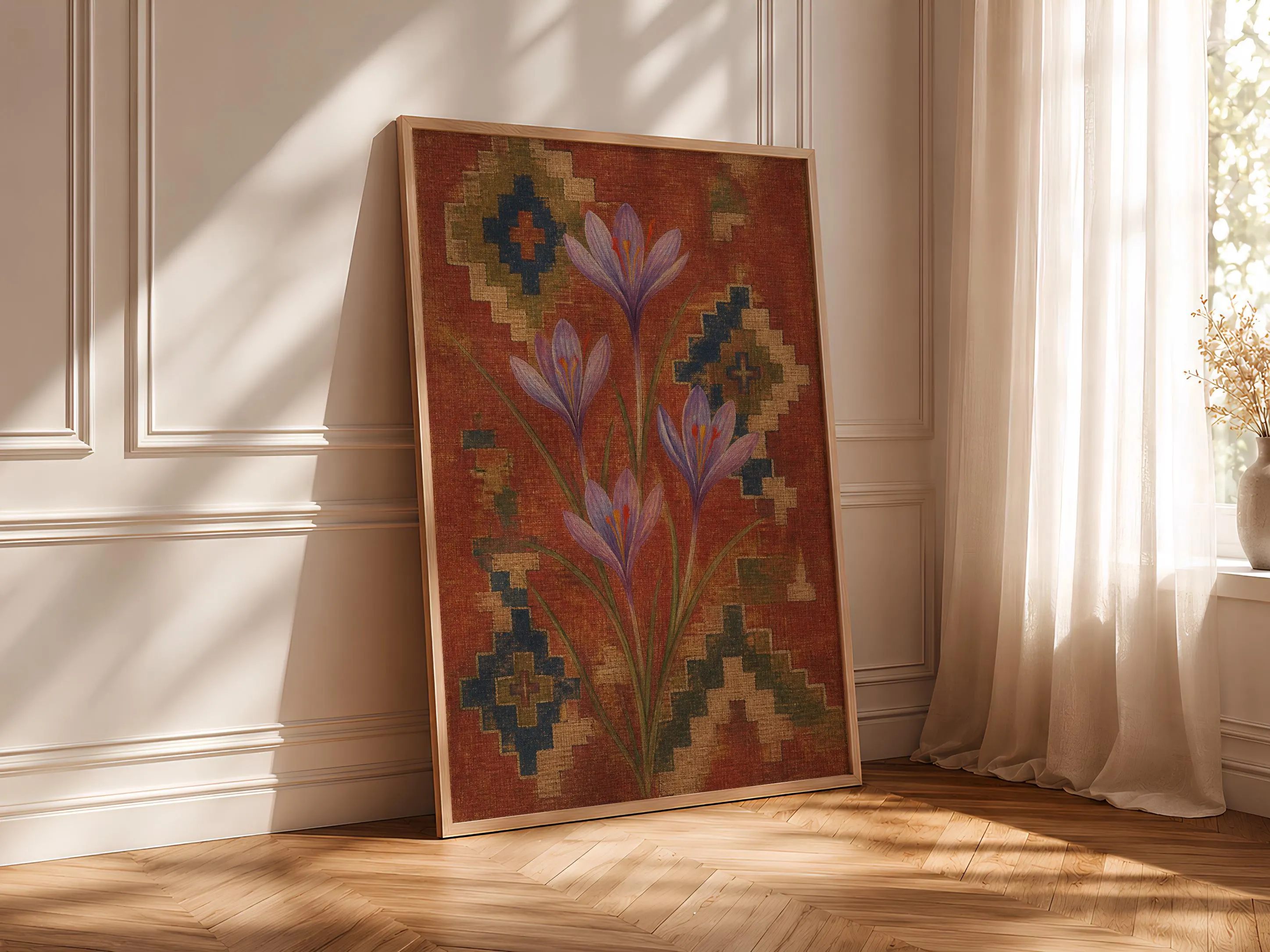 Saffron Crocus Kilim Print, Terracotta Botanical Wall Art, Woven Pattern Poster, Housewarming Gift – Calm Wall Art by Artsify thumbnail 4