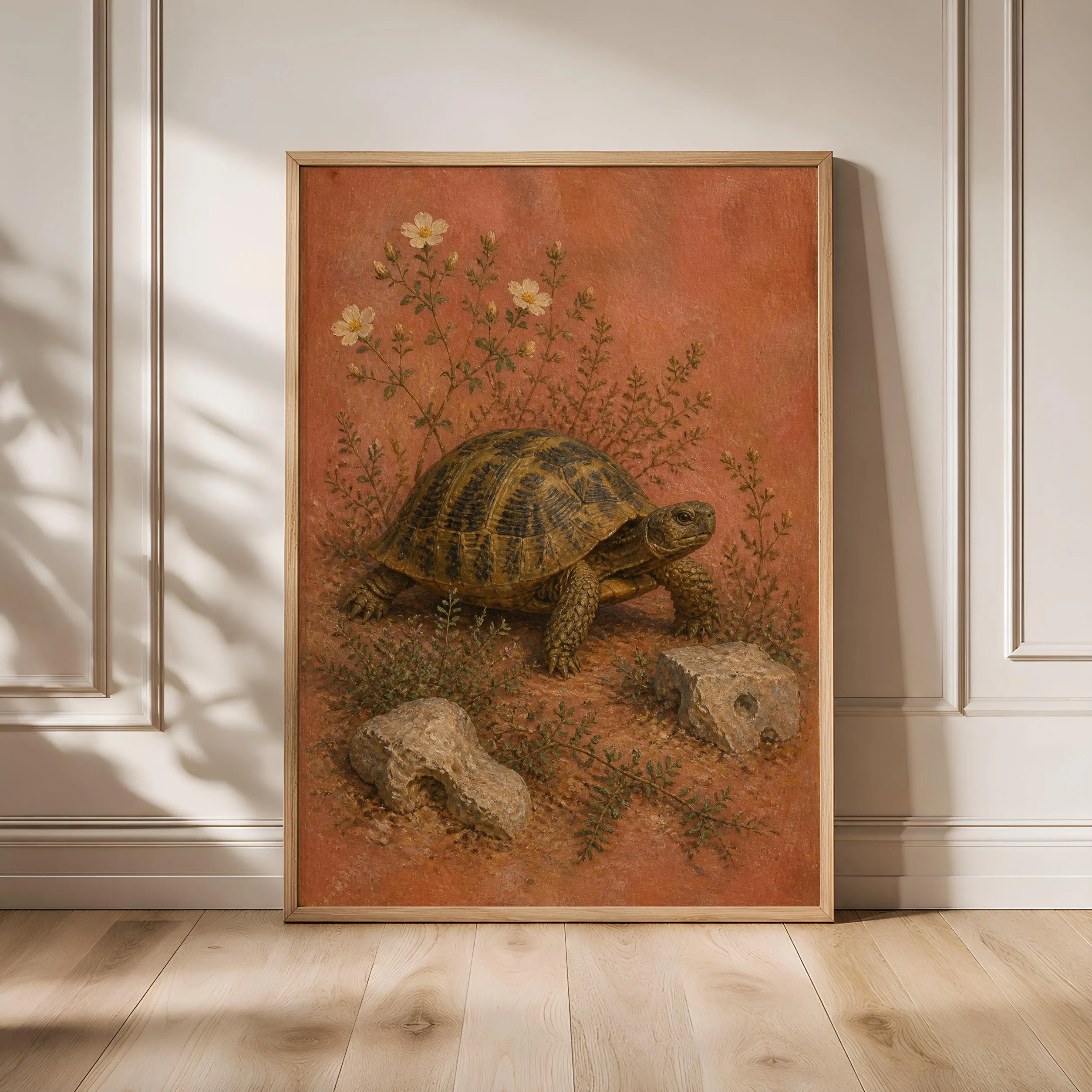 Greek Tortoise Wall Art, Arts and Crafts Reptile Oil Painting, Mediterranean Botanical Decor – Calm Wall Art by Artsify