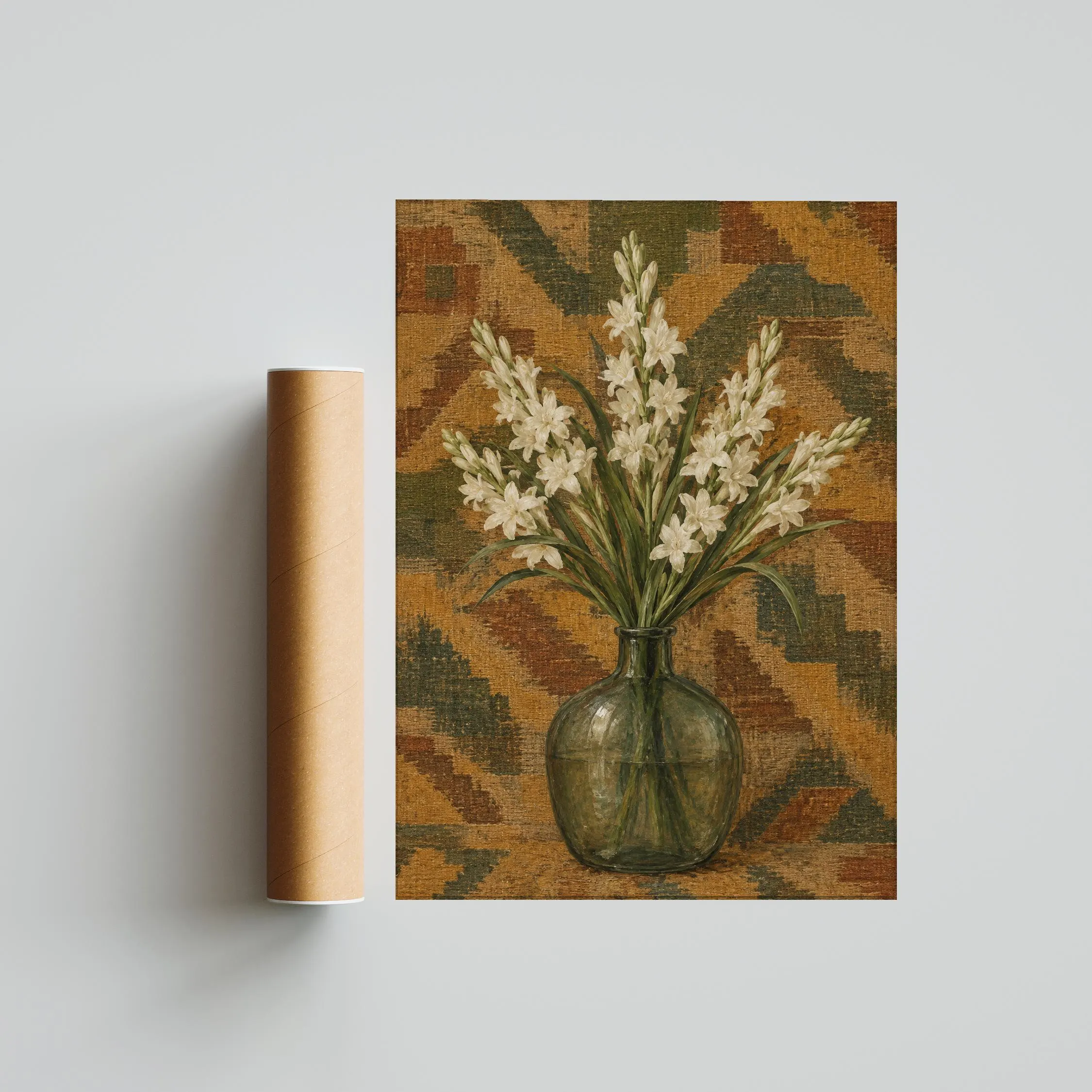White Tuberose Wall Art, Antique Kilim Botanical Painting – Calm Wall Art by Artsify thumbnail 5