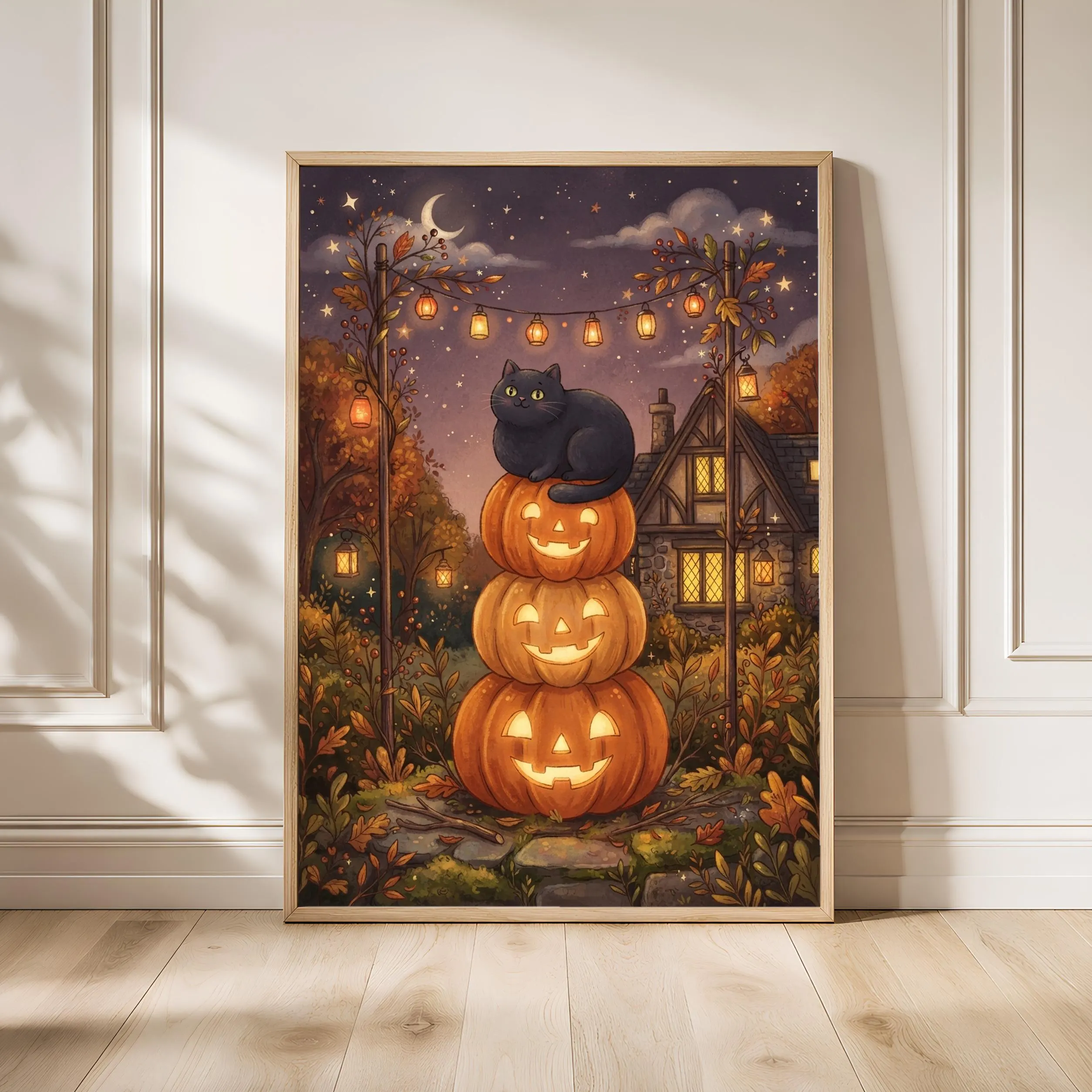 Halloween Black Cat Print, Storybook Poster, Plum Wall Art, Housewarming Gift – Calm Wall Art by Artsify