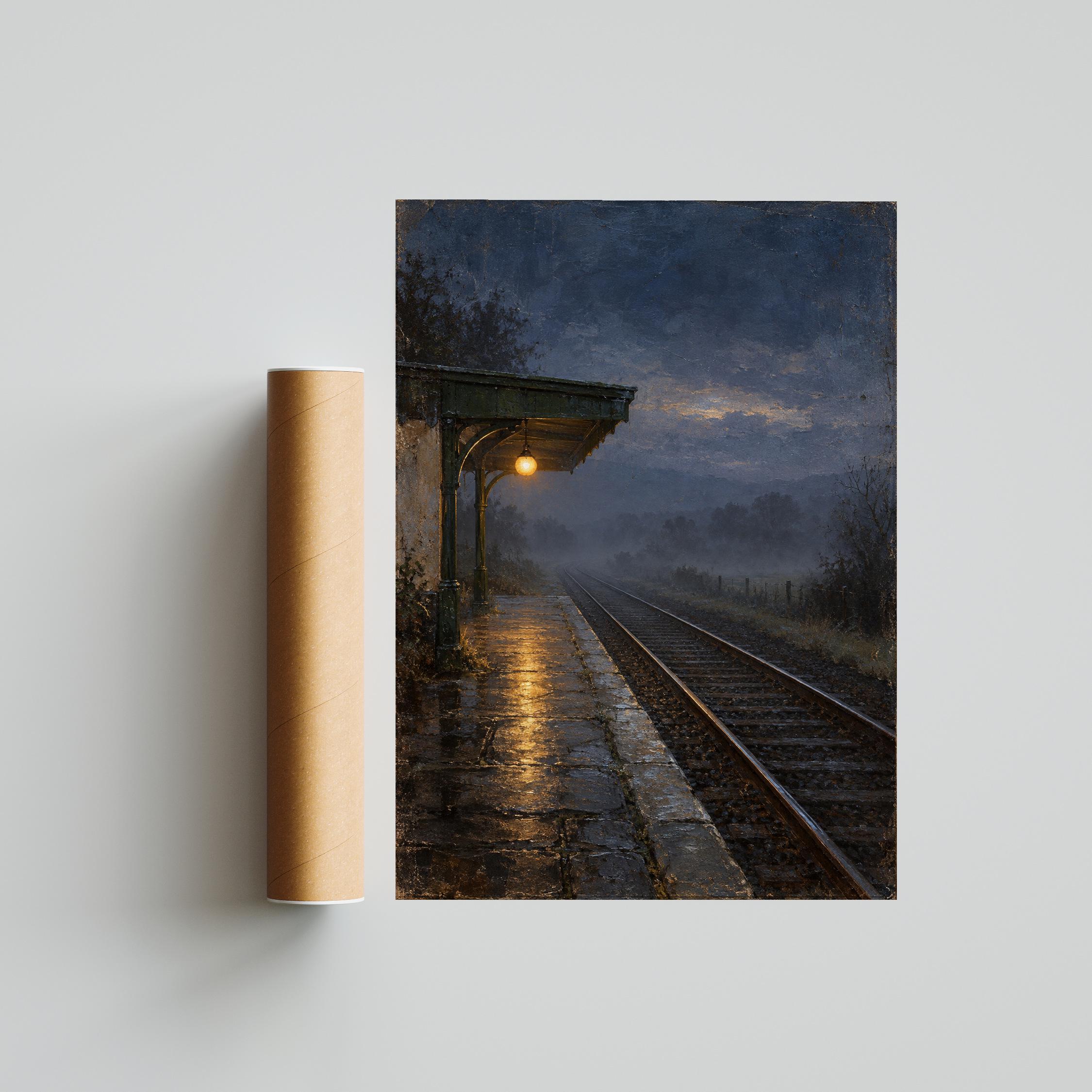 Amber Lamp Railway Platform Wall Art, Indigo Dusk Oil Painting, Travel Decor – Calm Wall Art by Artsify thumbnail 5