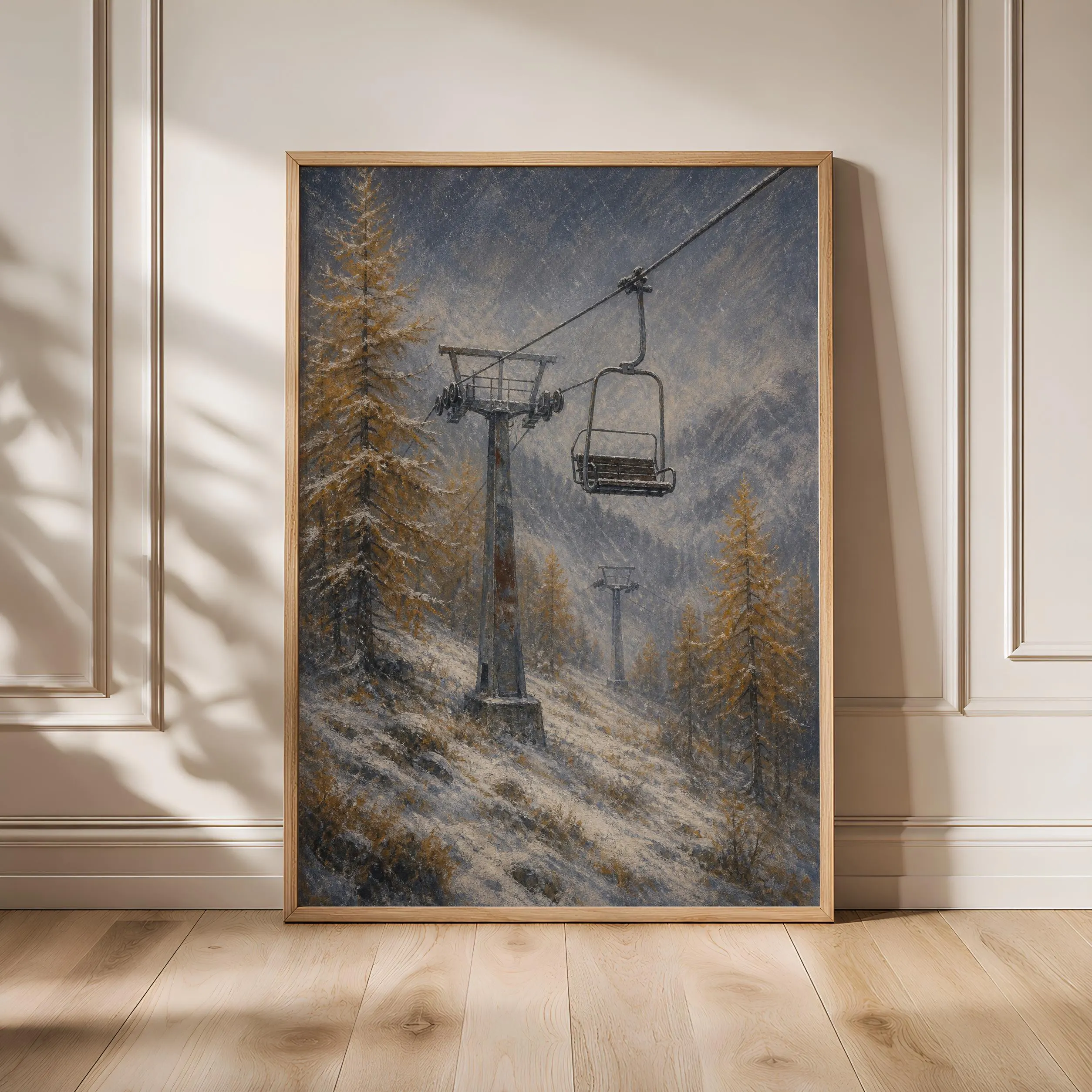 Chairlift Painting Print, Retro Ski Wall Art, Alpine Winter Poster, Mountain Lodge Decor, Housewarming Gift – Calm Wall Art by Artsify