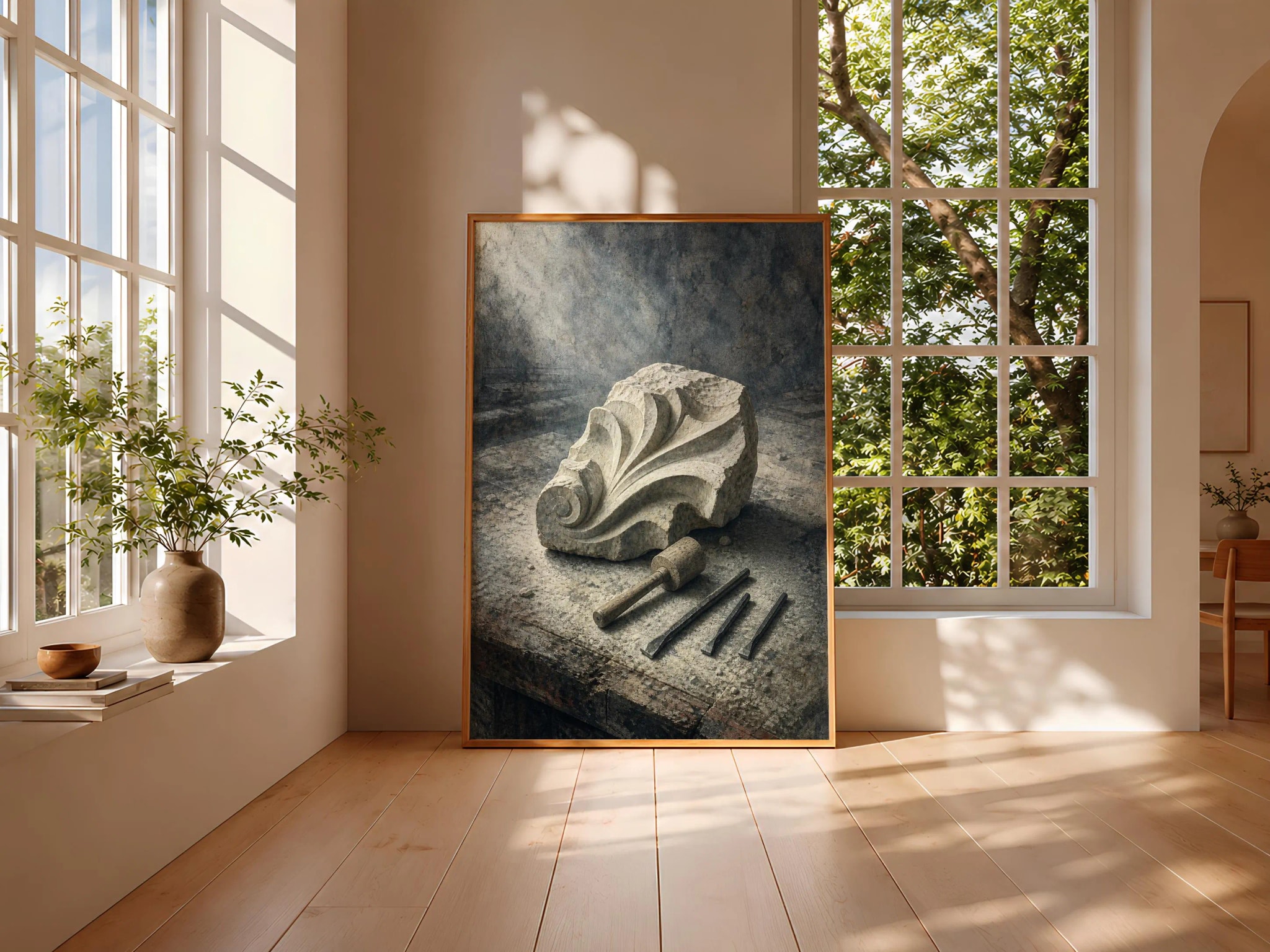 Stone Carver Wall Art, Rustic Sculptor Still Life Painting, Misty Workshop Print – Calm Wall Art by Artsify thumbnail 3
