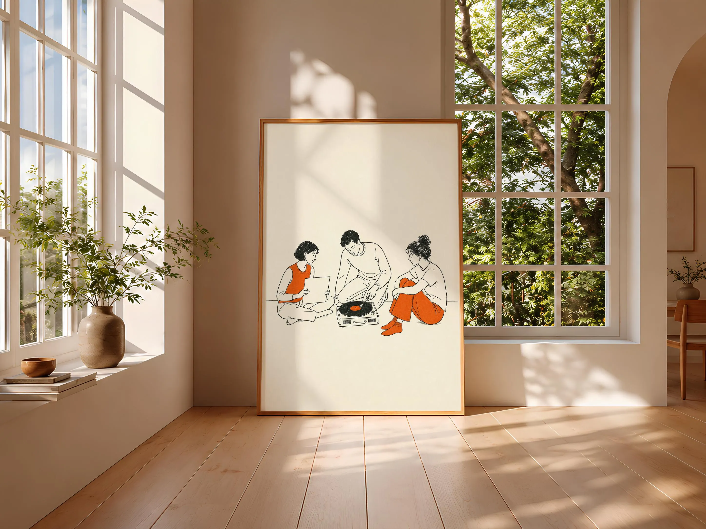 Retro Friends Vinyl Print, Mid Century Record Player Wall Art, Orange Music Poster, Minimalist Line Art Decor, Housewarming Gift – Calm Wall Art by Artsify thumbnail 3