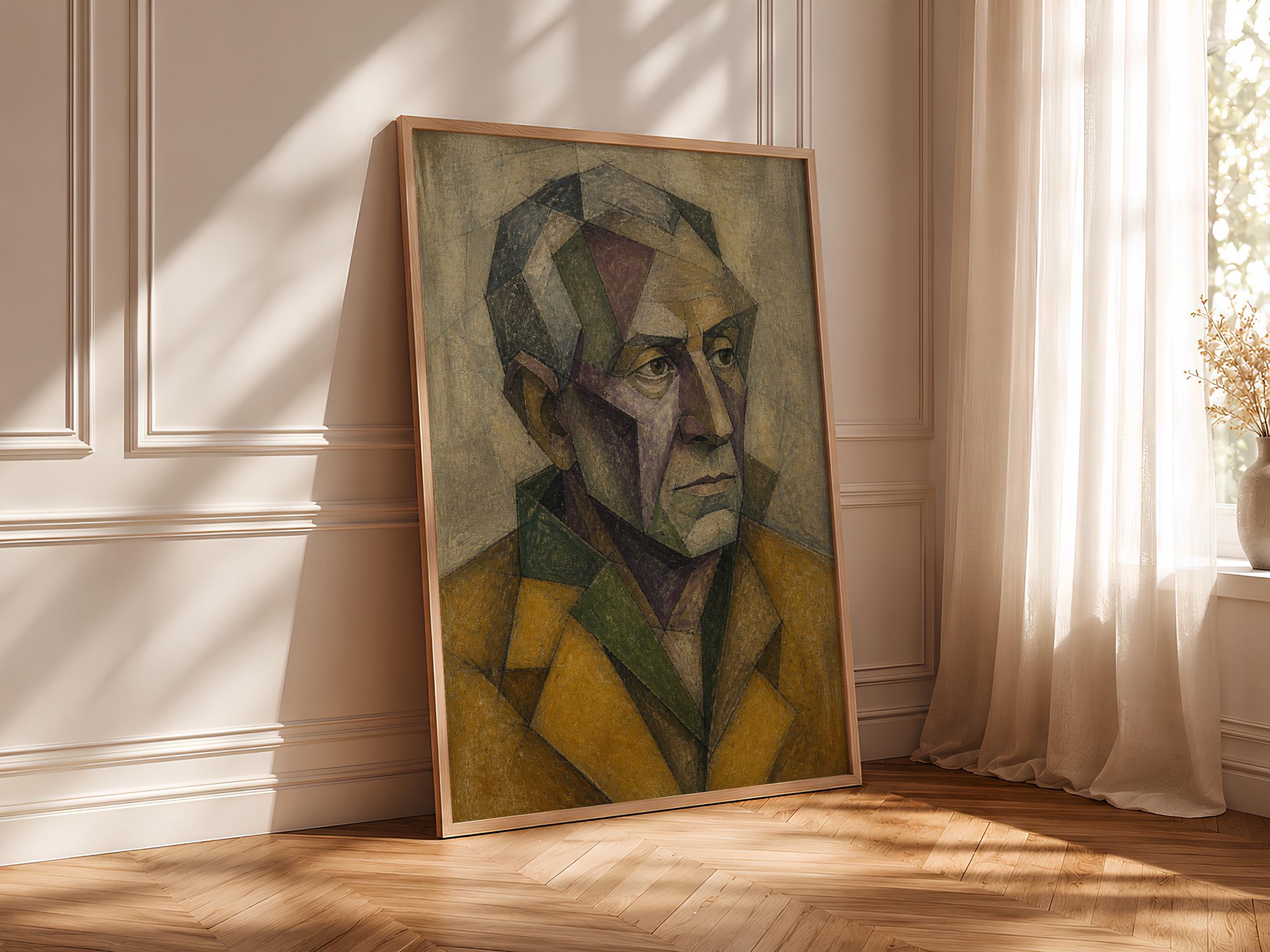 Ochre Cubist Man Portrait Print, Geometric Abstract Face Wall Art, Moody Modern Decor – Calm Wall Art by Artsify thumbnail 4