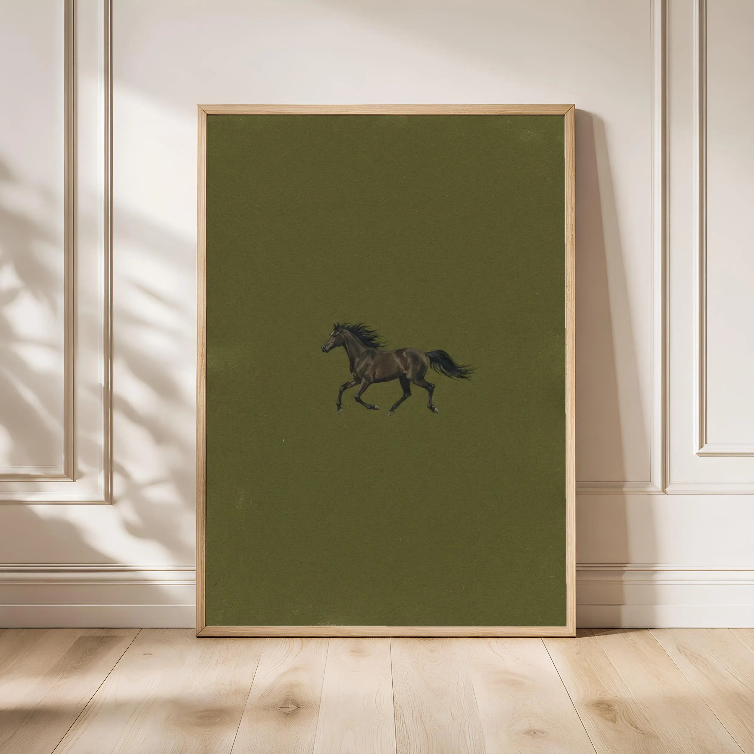 Horse Wall Art, Olive Green Minimalist Wildlife Painting, Vintage Equestrian Print, Housewarming Gift – Calm Wall Art by Artsify