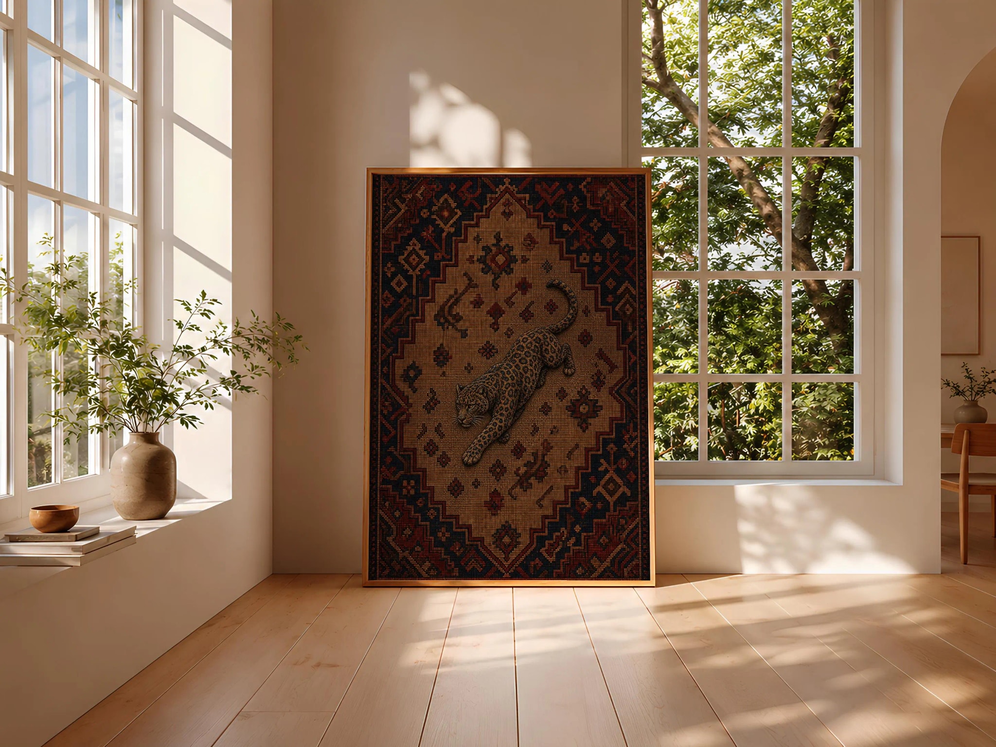 Embroidered Leopard Print, Anatolian Kilim Wall Art, Rustic Textile Poster, Boho Animal Decor – Calm Wall Art by Artsify thumbnail 3