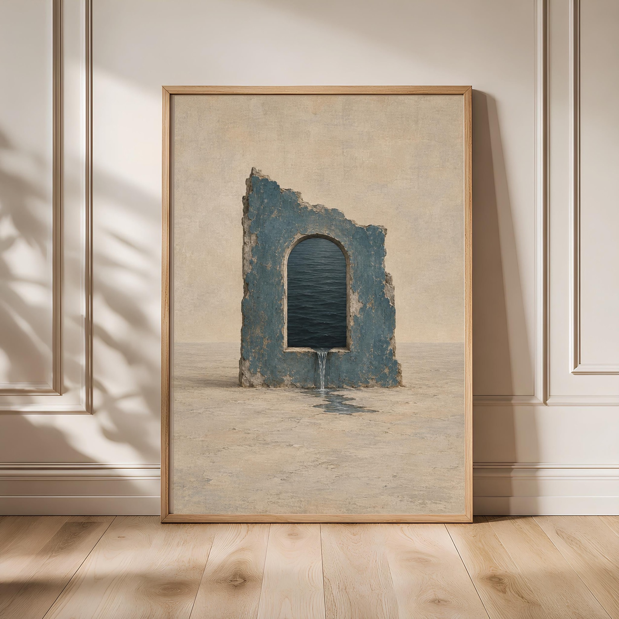Water Window Wall Art, Minimal Surreal Blue Architecture Painting – Calm Wall Art by Artsify