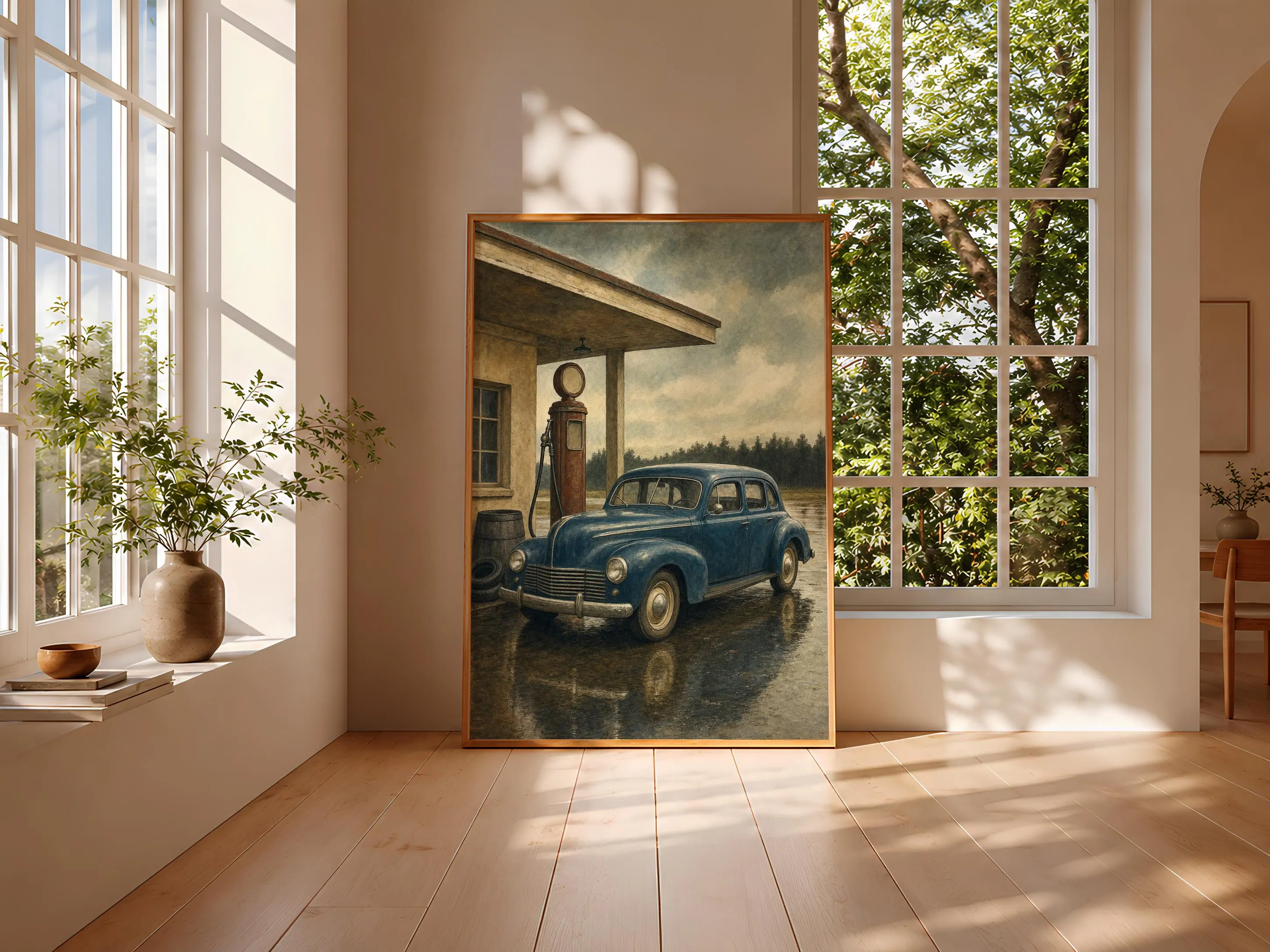 Vintage Gas Station Print, Classic Car Garage Wall Art, Rainy Roadside Poster, Petrol Blue Decor, Housewarming Gift – Calm Wall Art by Artsify thumbnail 3