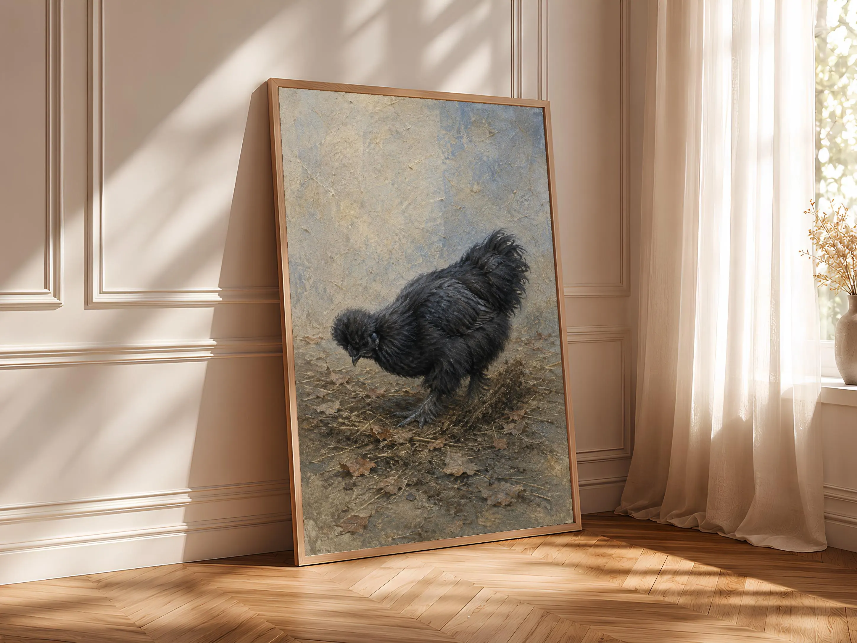 Black Silkie Chicken Wall Art, Foraging Hen Oil Tempera Print – Calm Wall Art by Artsify thumbnail 4